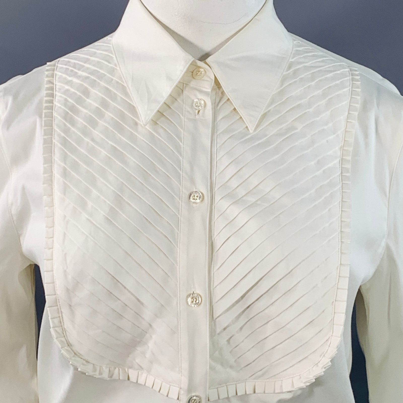Escada ESCADA XL Cream Cotton Blend Pleated Bib Button Up Shirt Size XL / US 12-14 / IT 48-50 - 2 Thumbnail