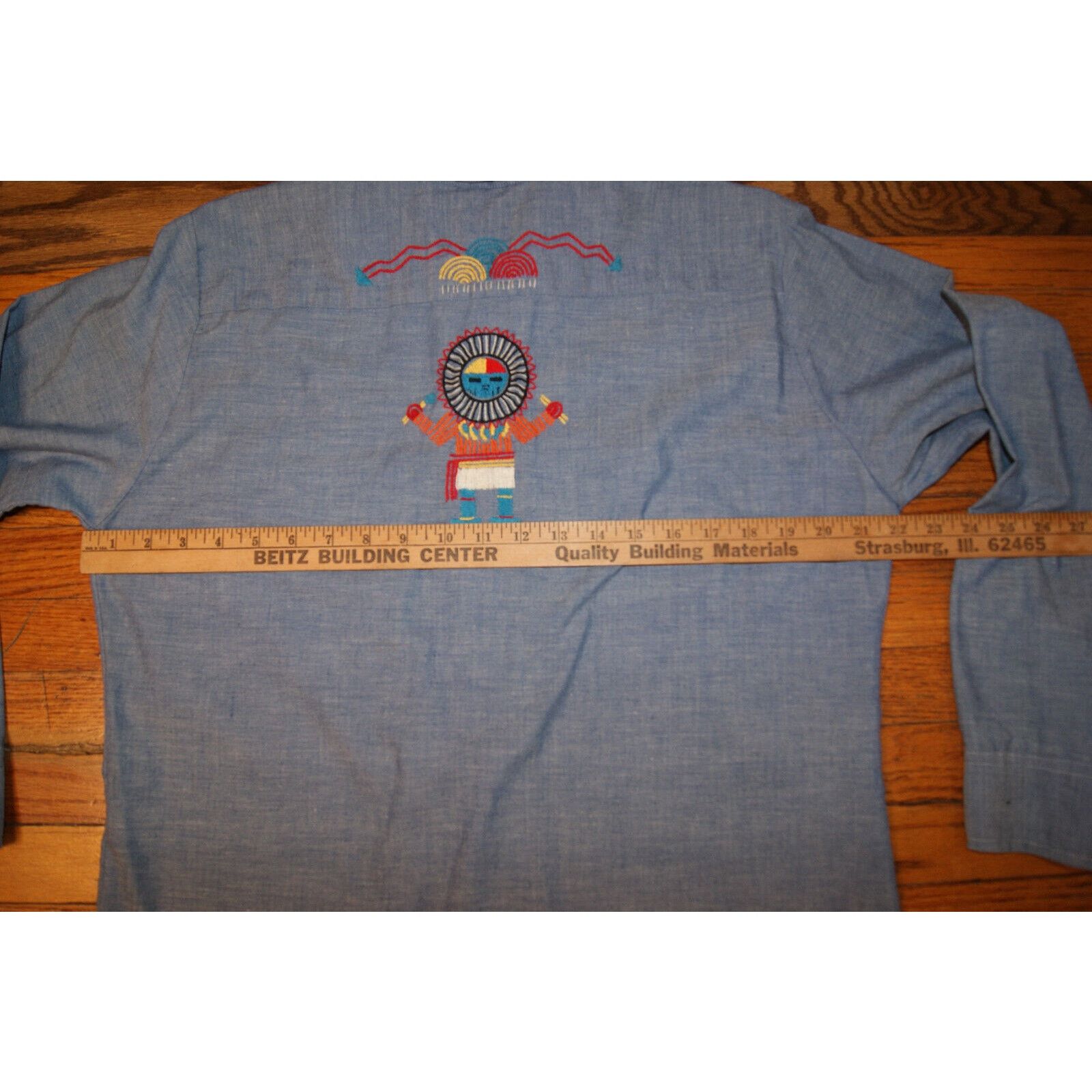 Big Mac Vtg 70s Big Mac Blue Denim M Shirt Aztec Indian Embroider Size US M / EU 48-50 / 2 - 8 Thumbnail