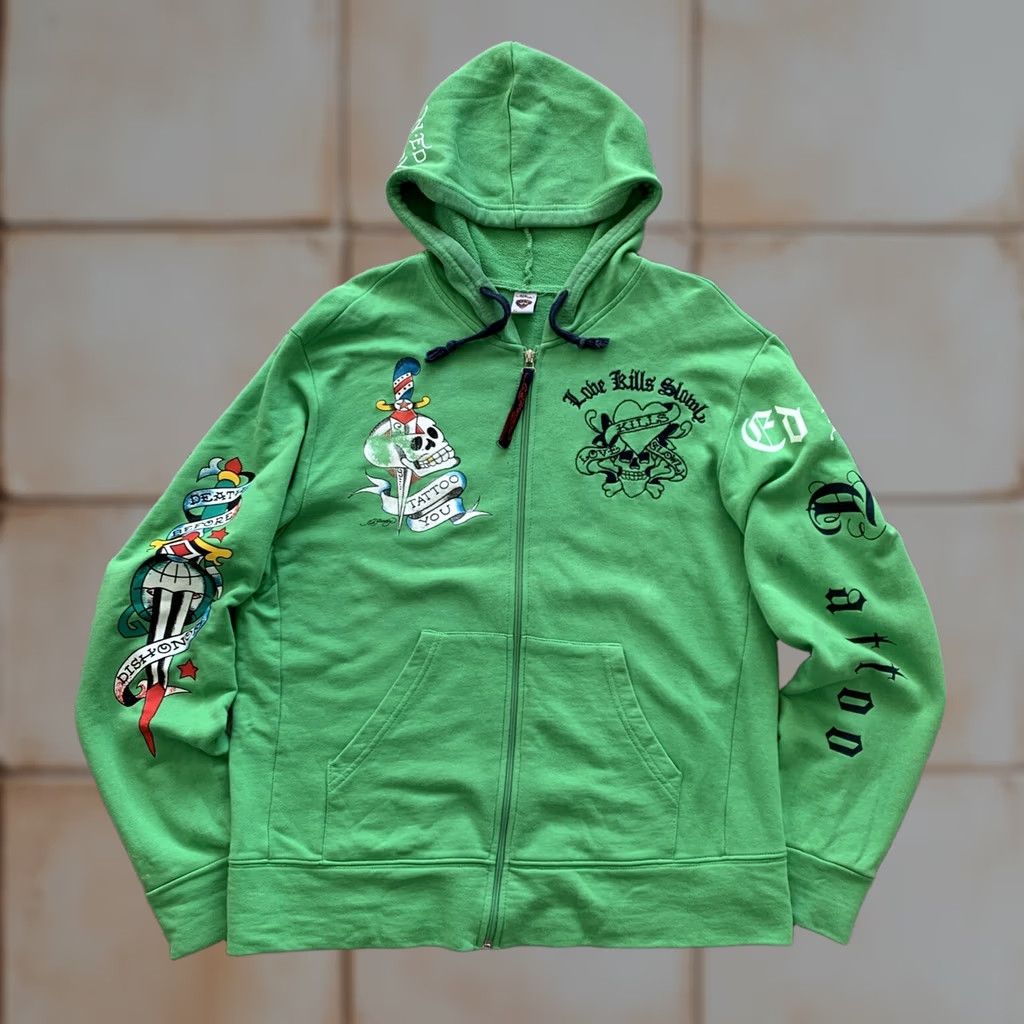 Ed Hardy ED HARDY Hoodie by Christian Audigier ZIP Green Men XL Crew Neck Full Zip Skull Tattoo Style Shirt Mens Size US XL / EU 56 / 4 - 1 Thumbnail