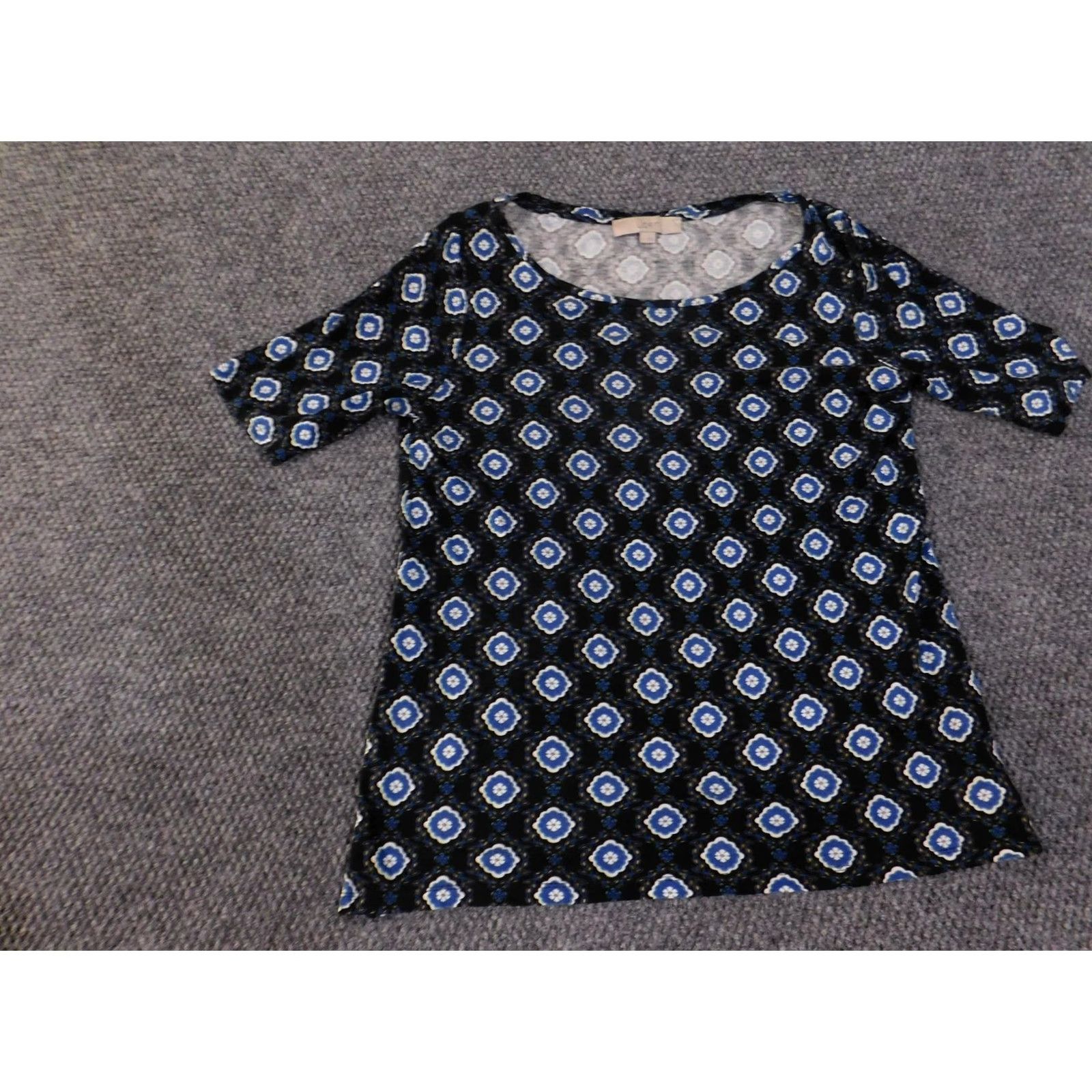 Loft LOFT Dress Womens Medium Black Blue White Geometric Print Short Sleeve Rayon Dress Size 32" / US 10 / IT 46 - 3 Thumbnail