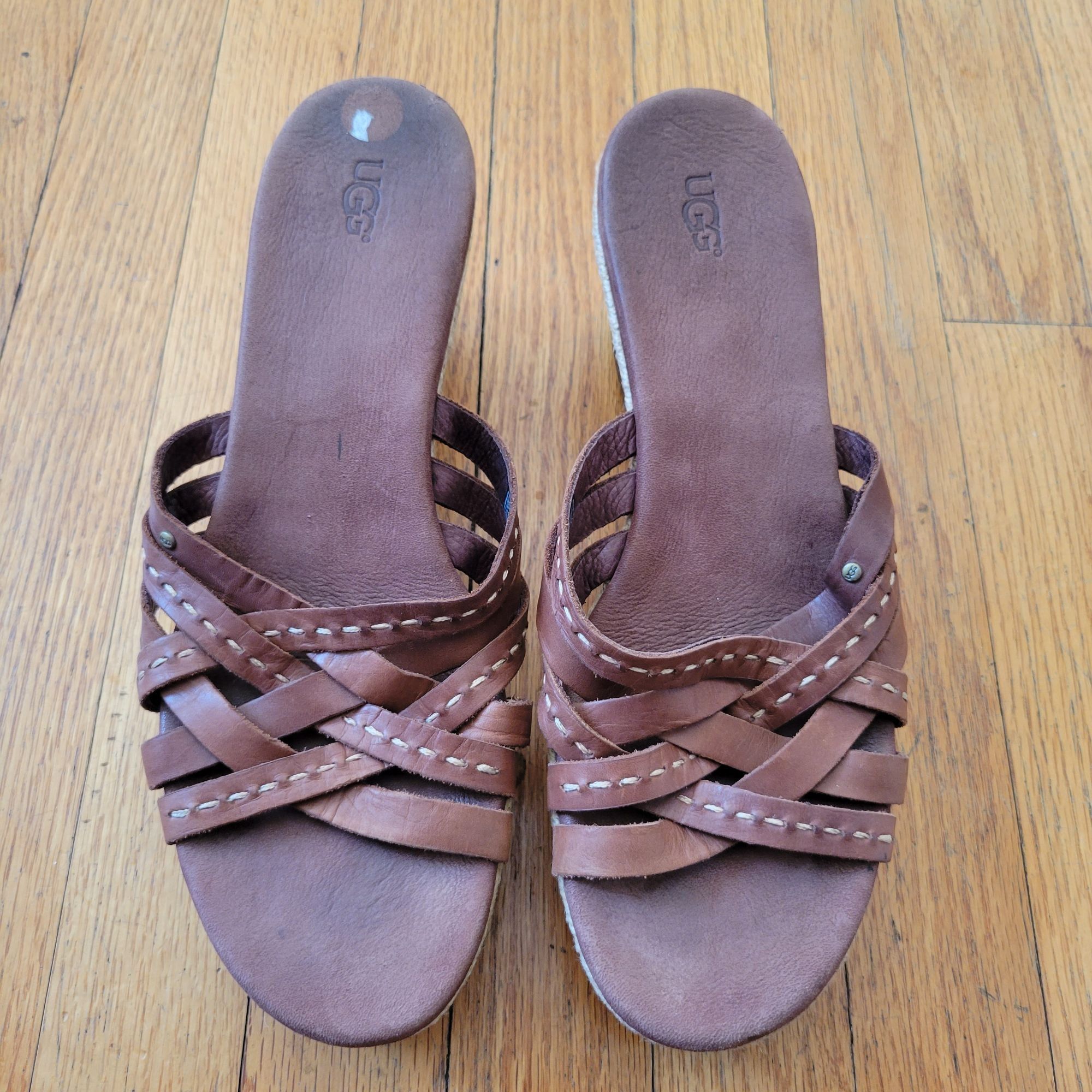 Ugg UGG 11 Brown Leather Espadrille Wedge Sandals Open Toe 10004 Size US 11 / IT 41 - 2 Thumbnail