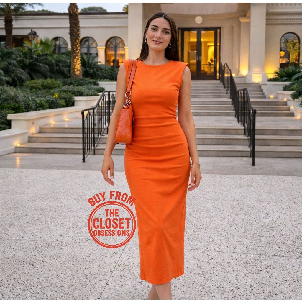 ZARA Orange Fitted Midi Dress NWT
