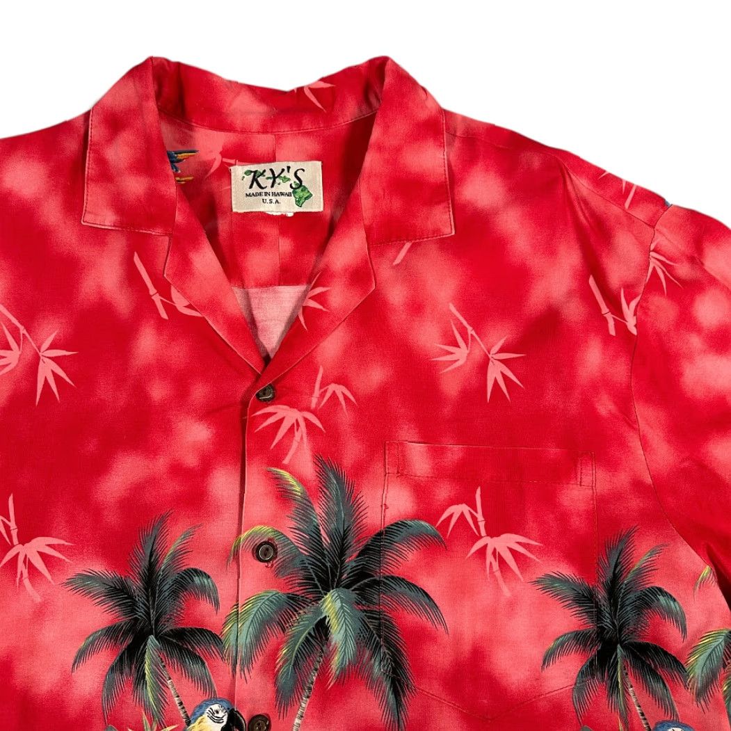 Vintage VINTAGE Ky's of Hawaii Hawaiian Shirt Adult LARGE Red Aloha Tropical Parrot Palm Tree 80s Shirt Mens Size US L / EU 52-54 / 3 - 2 Thumbnail