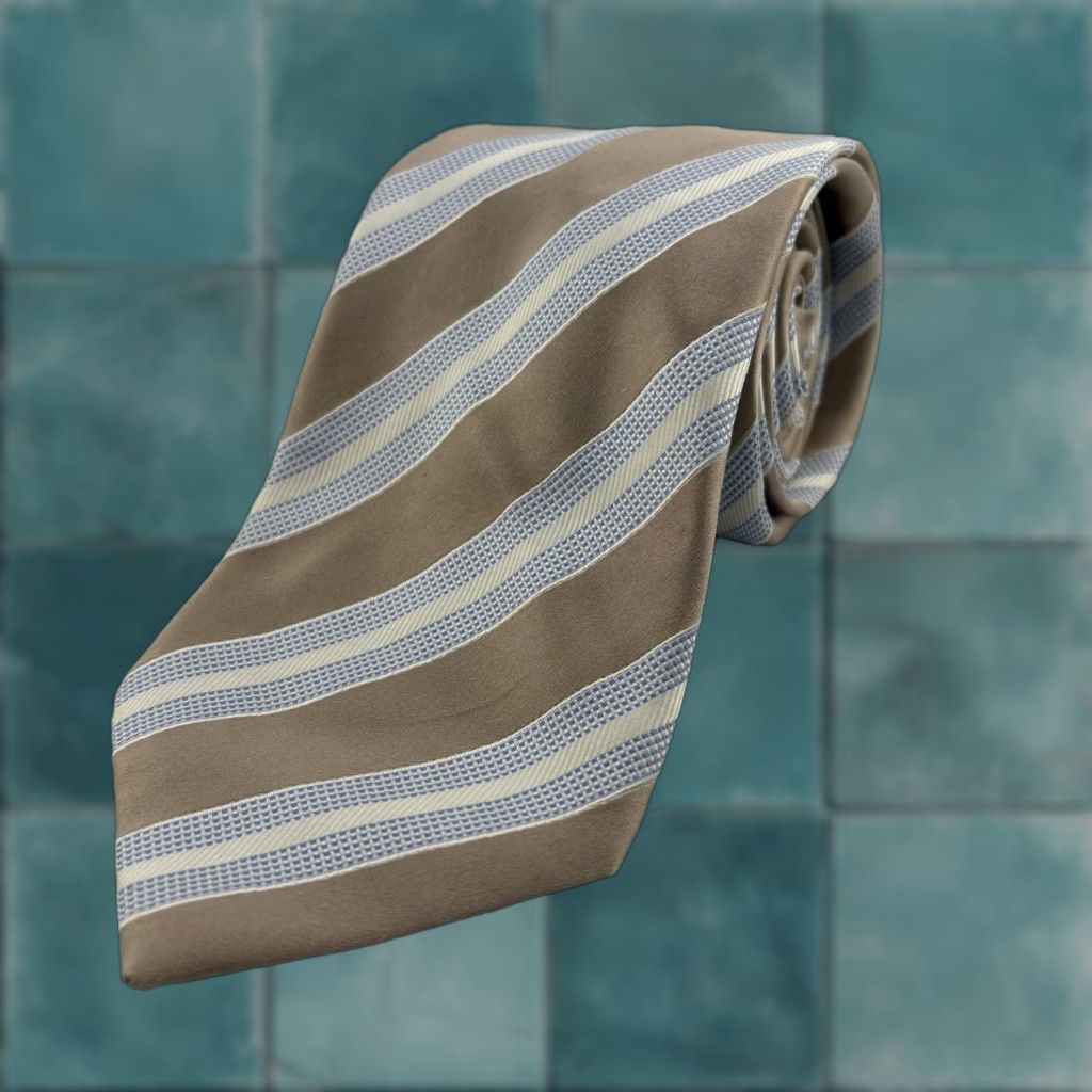 Vintage Donald J Trump Signature Collection Tie Mens One Size Tan Blue Stripe Silk Size ONE SIZE - 1 Thumbnail