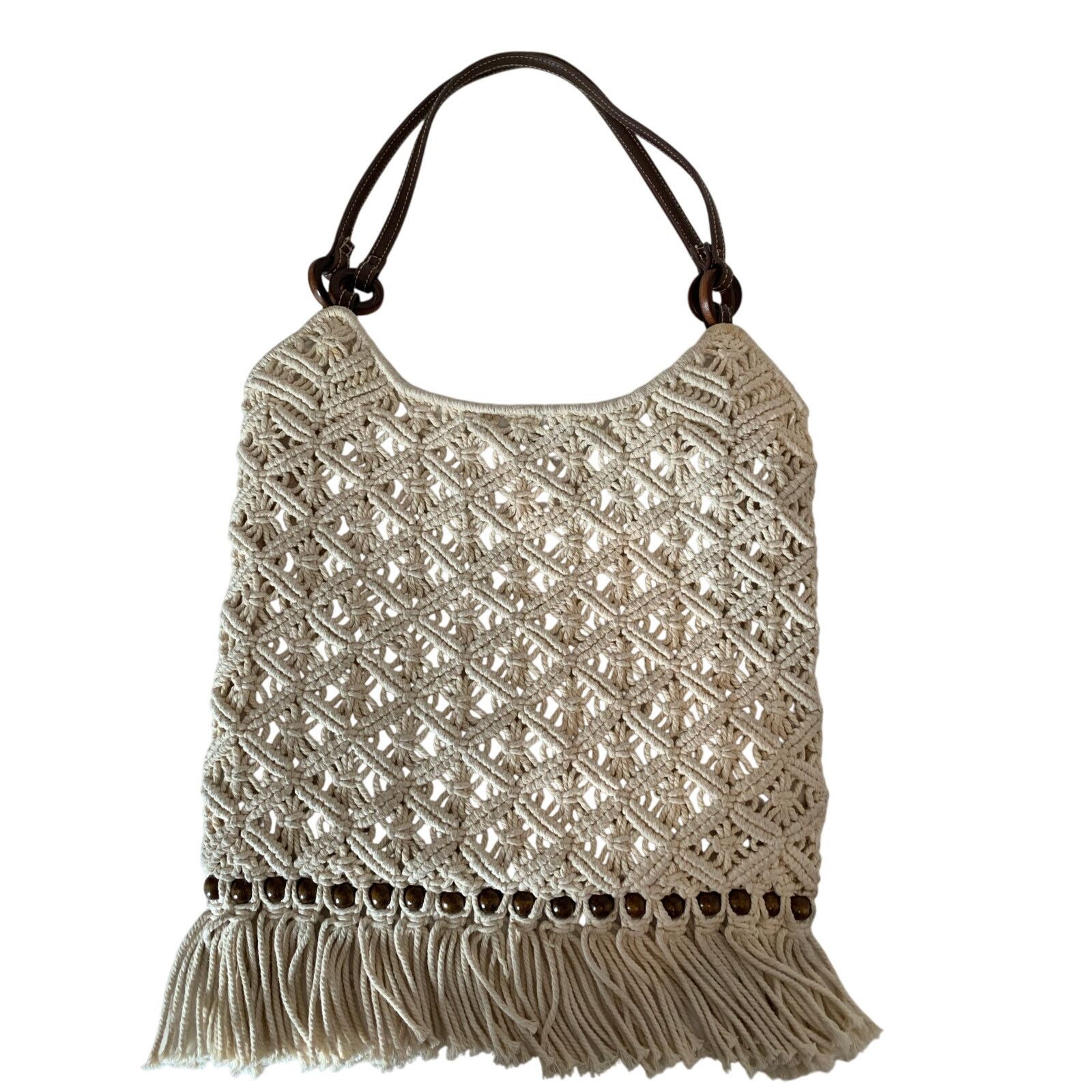 Macrame Crochet Beaded Boho Shoulder Bag Purse 60S 70's in White, Women's