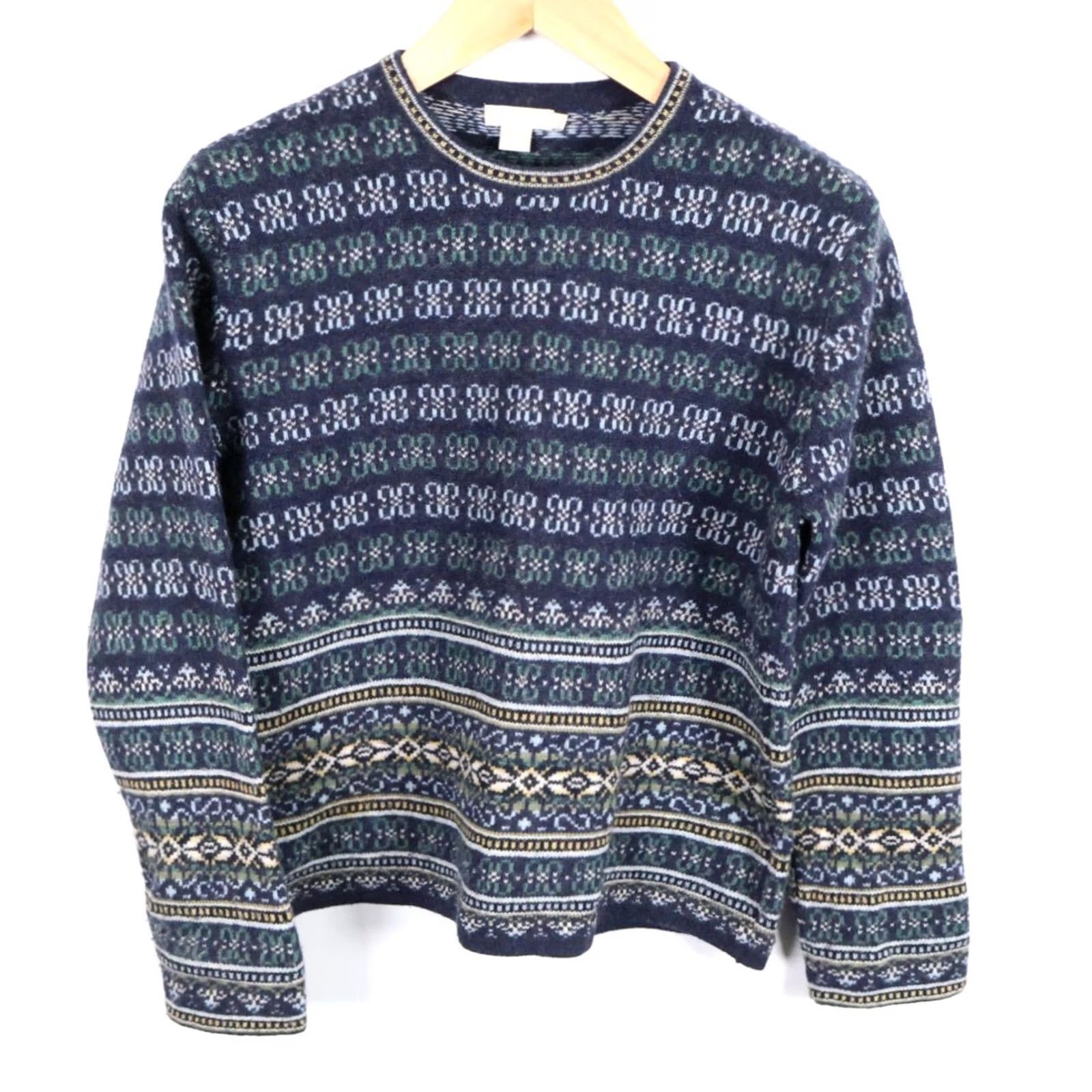 J.Crew VINTAGE J.CREW Lambs Wool Sweater Women's Medium Dark Blue Fair Isle Crewneck Knit Size M / US 6-8 / IT 42-44 - 2 Thumbnail