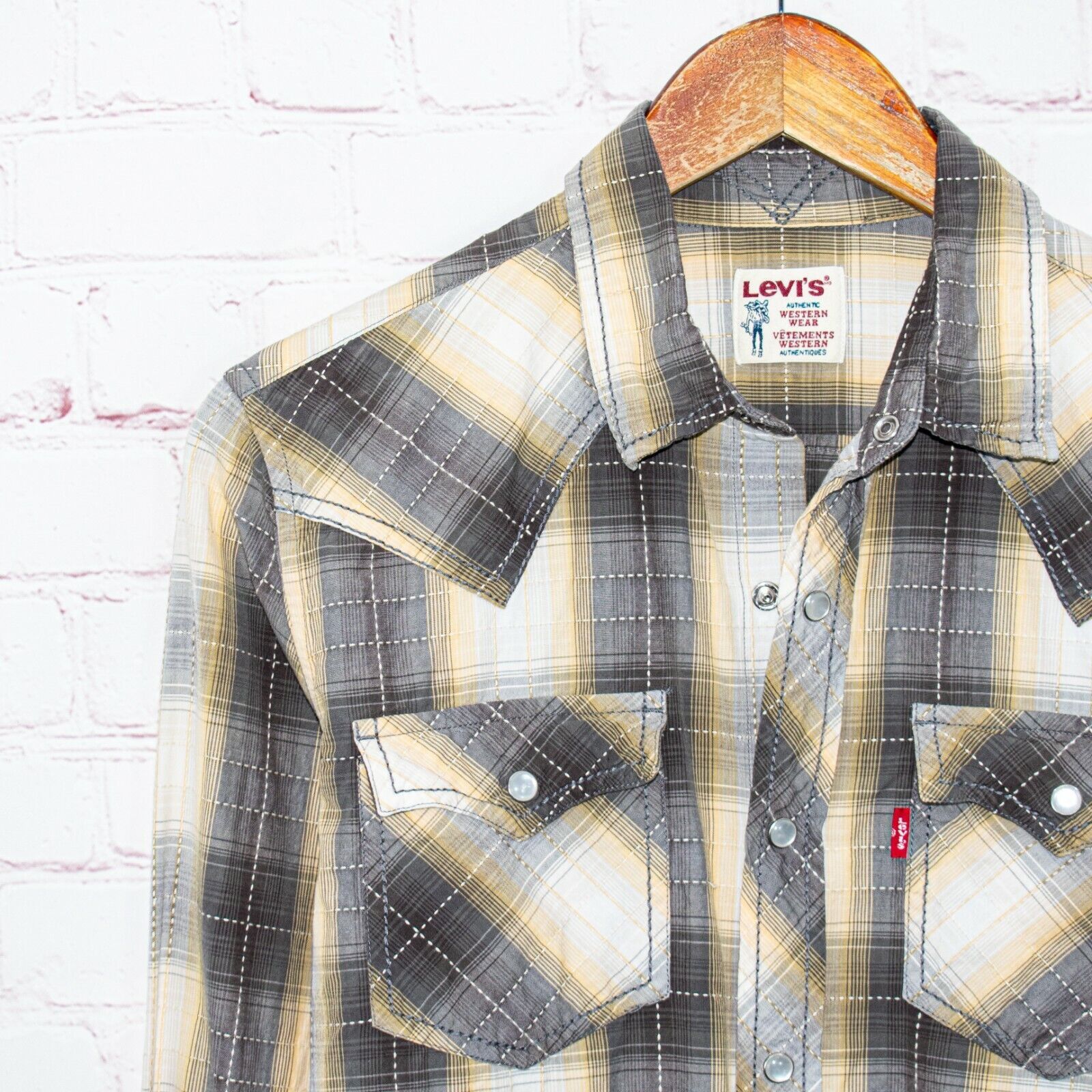 Levi's Vtg Levi's Western Pearl Snap Shirt Gray Beige Plaid Size US S / EU 44-46 / 1 - 7 Thumbnail