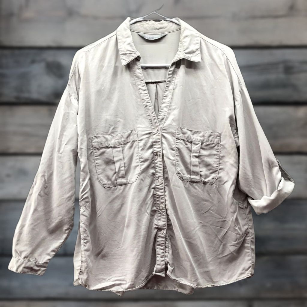 Zara VINTAGE Zara Tencel Button Down Shirt Womens L Light Gray Roll Cuff Lyocell Utility Size L / US 10 / IT 46 - 1 Thumbnail