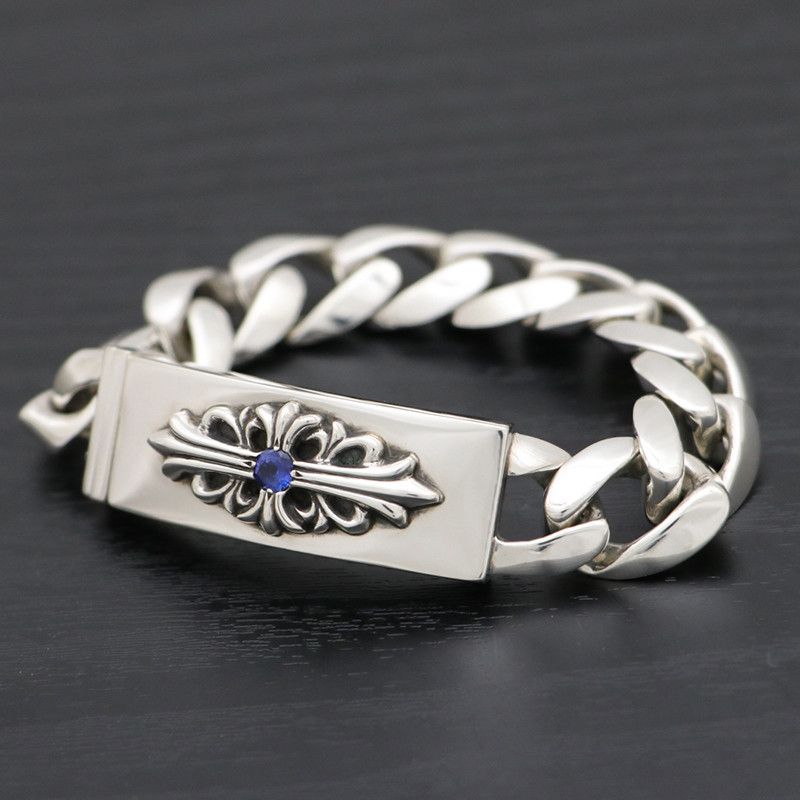 image of Chrome Hearts Sapphire Floral Cross Id Bracelet in Silver, Men's