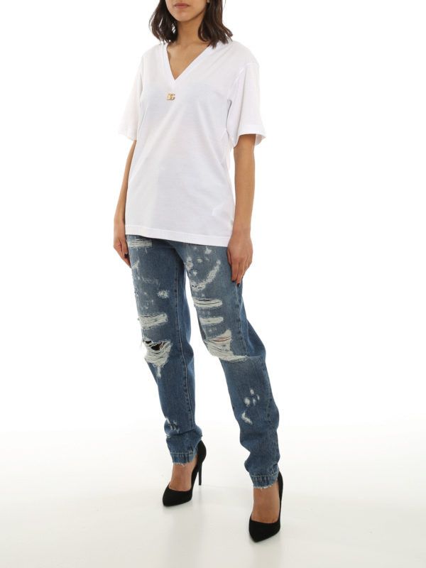 Dolce & Gabbana o1y0925 V-neck Short Sleeves T-Shirt in White Size XS / US 0-2 / IT 36-38 - 5 Thumbnail