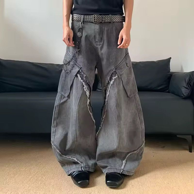 Jean Washed Y2k Streetwear Wide Leg Baggy Distressed Jeans Size US 29 - 1 Thumbnail
