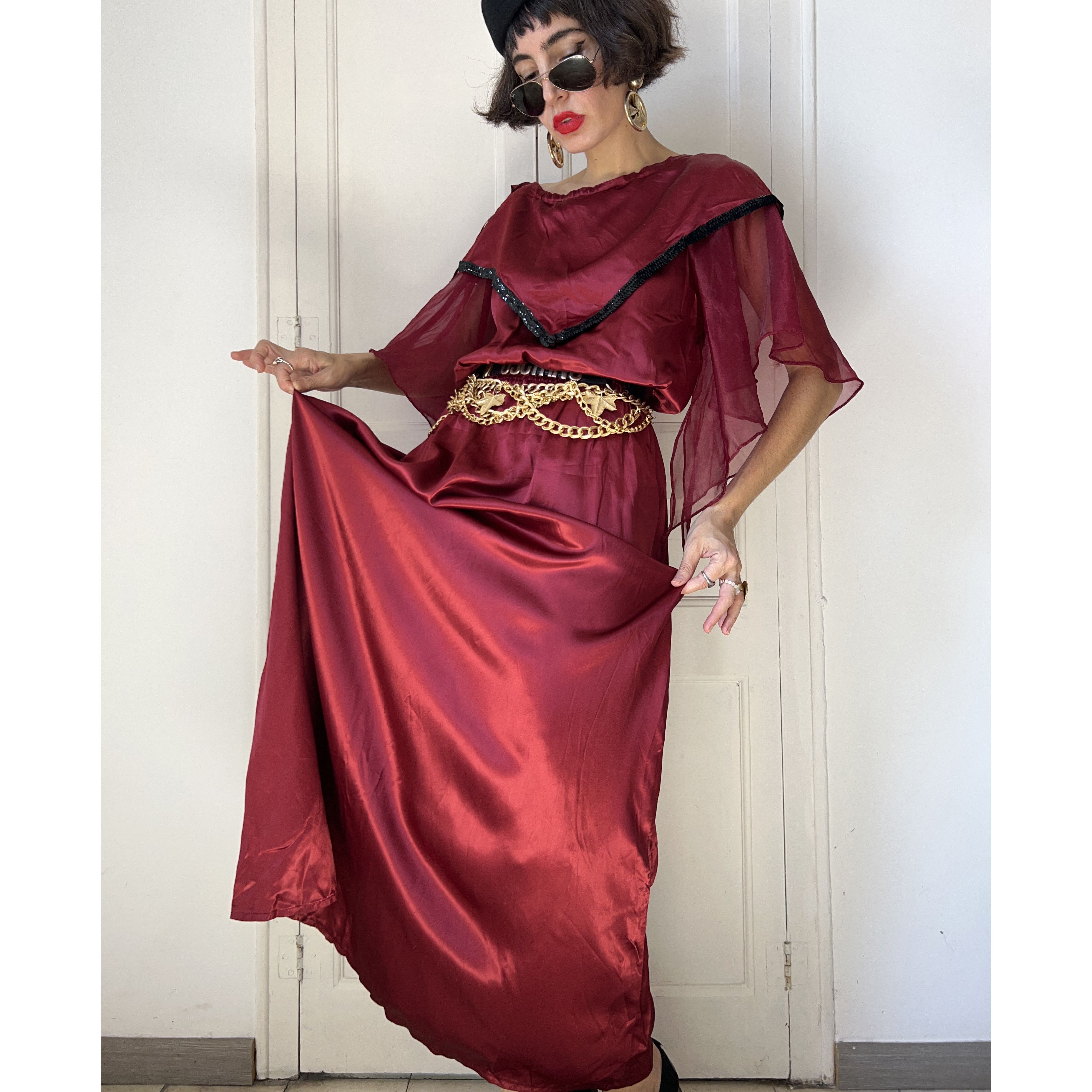 Vintage Vintage Burgundy Satin Maxi Fairy Costume Dress Size L / US 10 / IT 46 - 3 Thumbnail