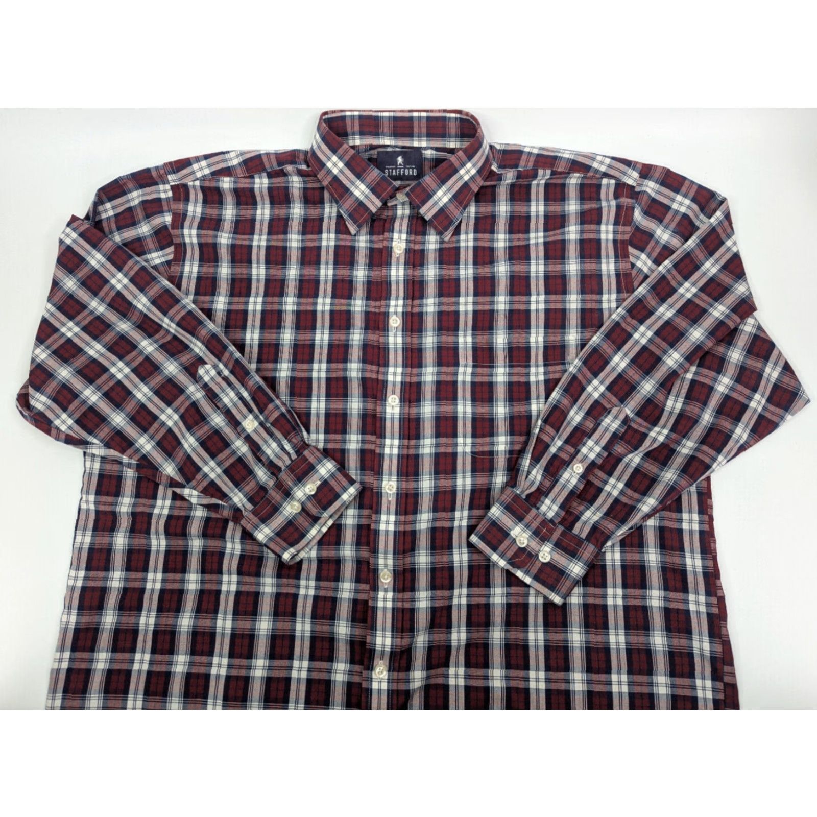 Stafford Stafford Dress Shirt Men's 17 32/33 Maroon Travel Easy Care Check Broadcloth Shirt Red Cotton Blend Knit Size 46R - 2 Thumbnail
