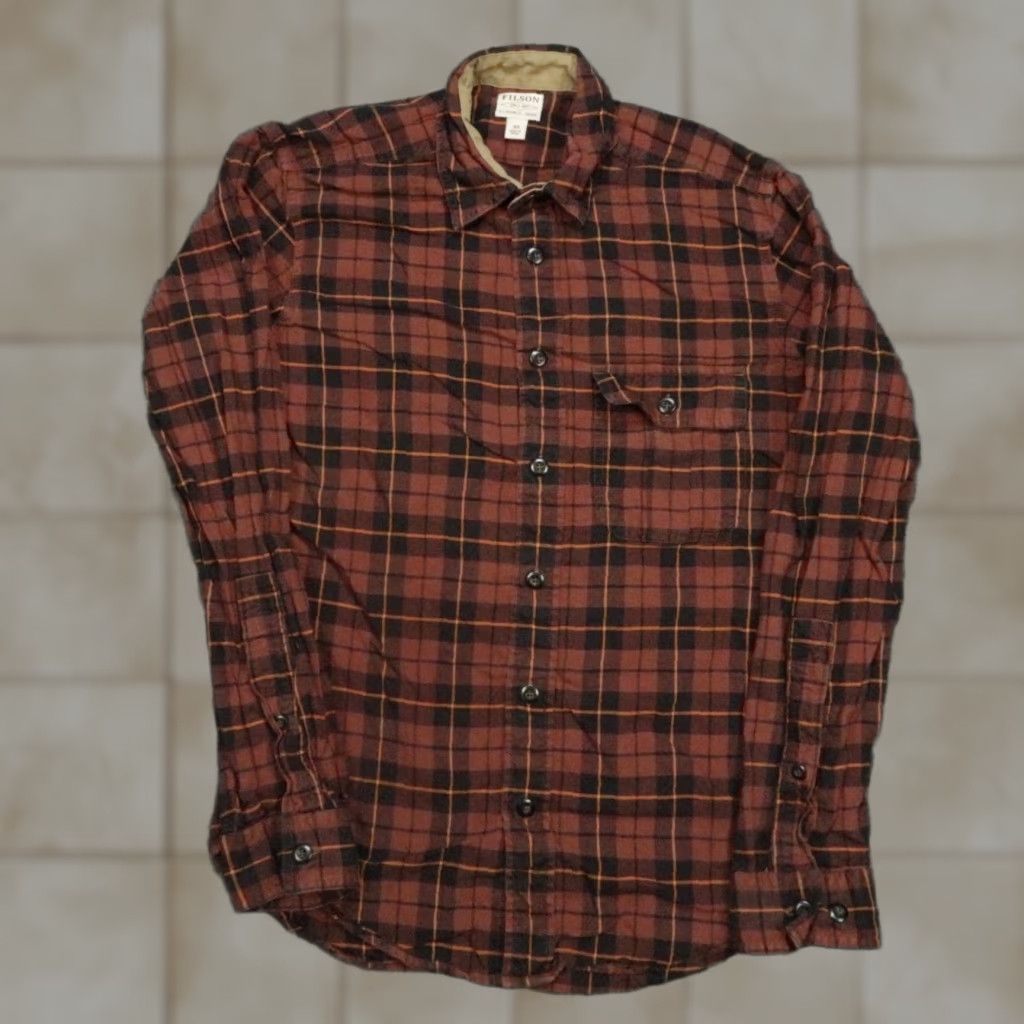 Filson Shirt Mens XS Copper Black Plaid Rustic Oxford Long Sleeve Button