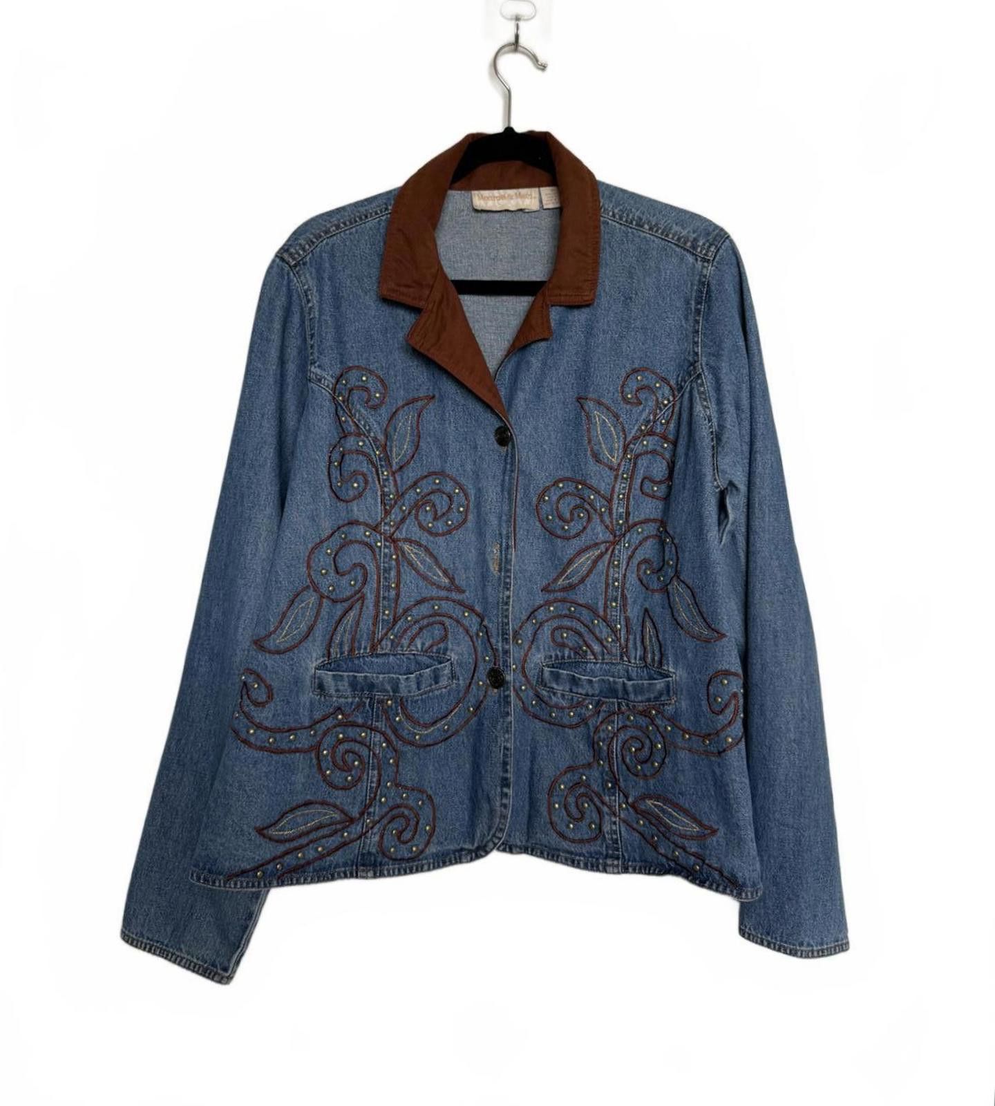 Unknown London Vintage Western Embroidered Denim Jacket with Brown Collar Size XL / US 12-14 / IT 48-50 - 3 Thumbnail