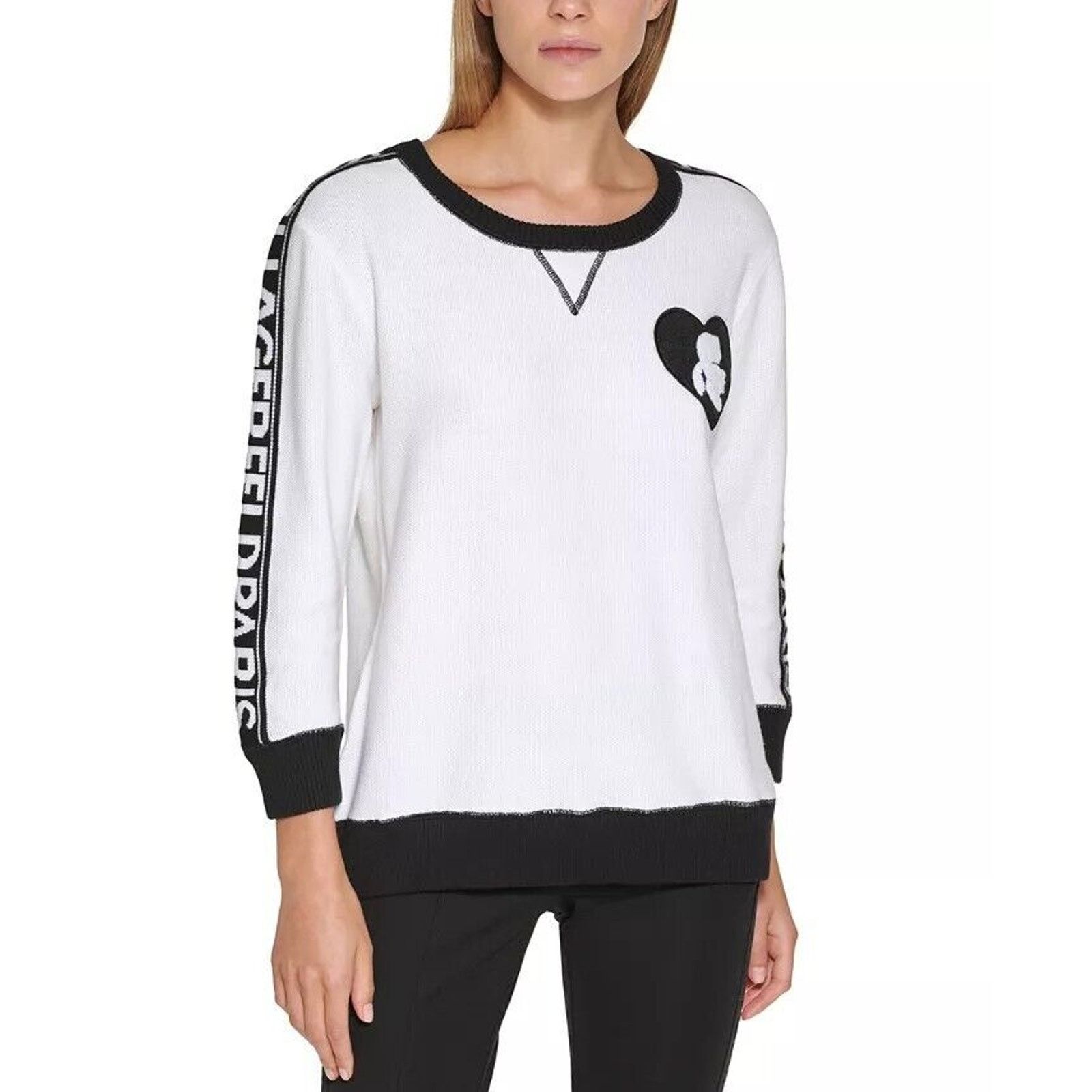 Karl Lagerfeld KARL LAGERFELD WHITE & BLACK SIGNATURE HEART PATCH SWEATER Size L / US 10 / IT 46 - 6 Thumbnail