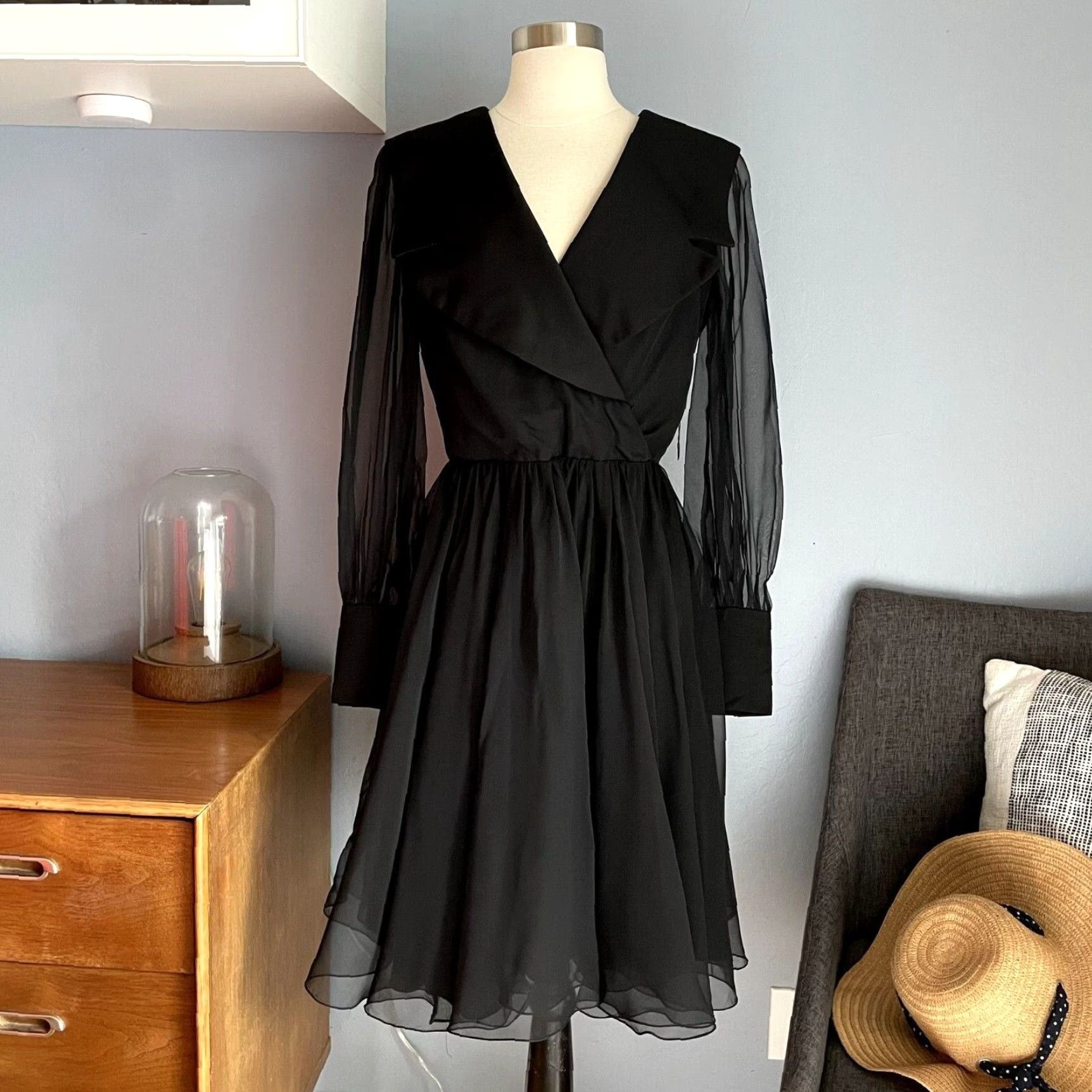 Vintage VINTAGE Coco of California Black Chiffon Dress Cocktail Party 1970s M Black Dress Party Coco of California Womens Size M / US 6-8 / IT 42-44 - 2 Thumbnail