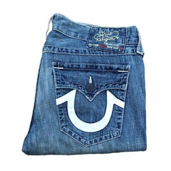 image of Vintage True Religion Jeans Size 38 Billy Leather Horseshoe in Blue, Men's