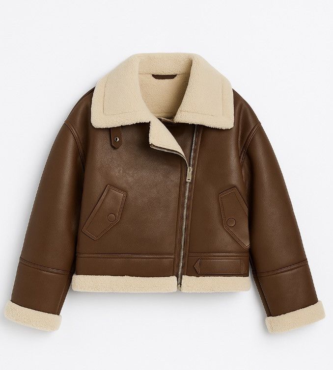 Other Aura Aviator Faux Shearling Jacket Brown Cropped Winter Coat Size ONE SIZE - 2 Thumbnail
