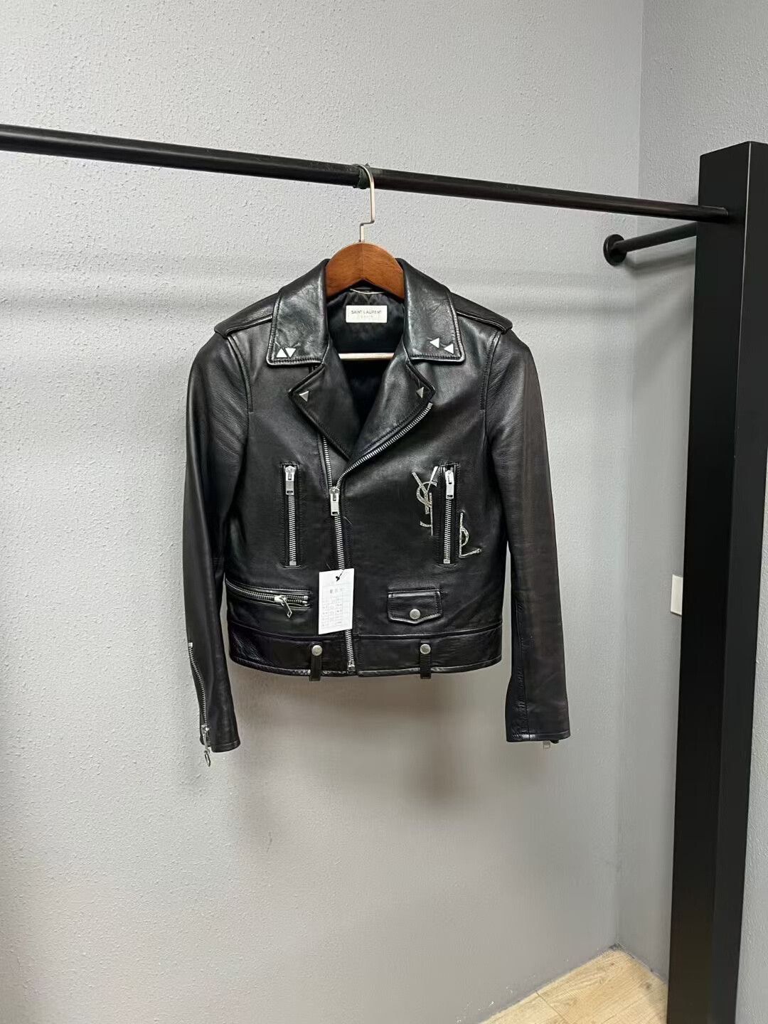 Yves Saint Laurent black leather jacket with logo Size L / US 10 / IT 46 - 1 Thumbnail
