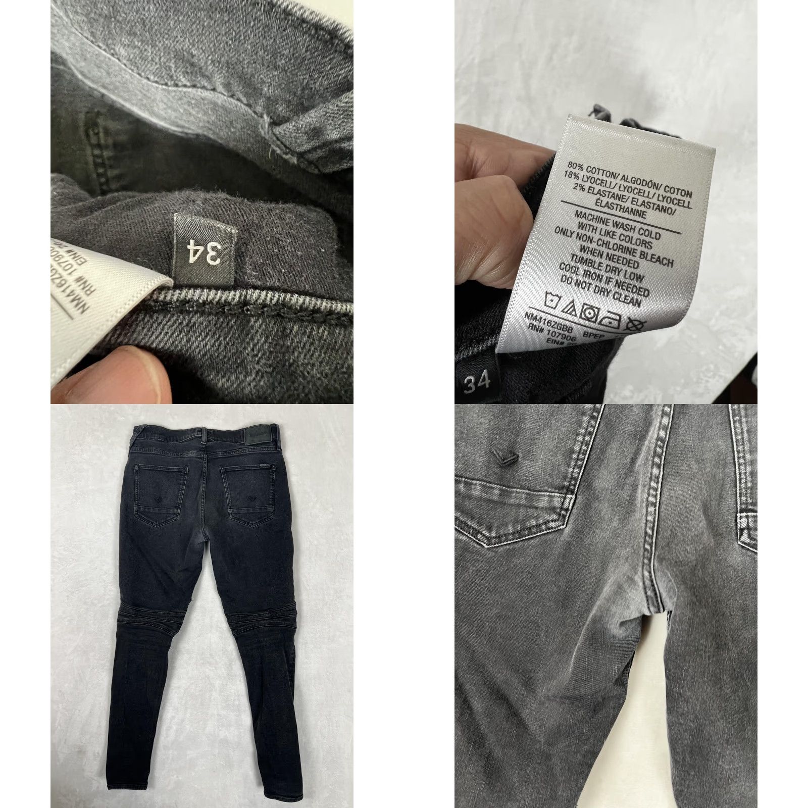 Hudson HUDSON Ethan Biker Skinny Jeans Mens 34x34 Gray Moto Stretch Denim Charcoal Wash Logged logo Rivets Size US 34 / EU 50 - 8 Thumbnail