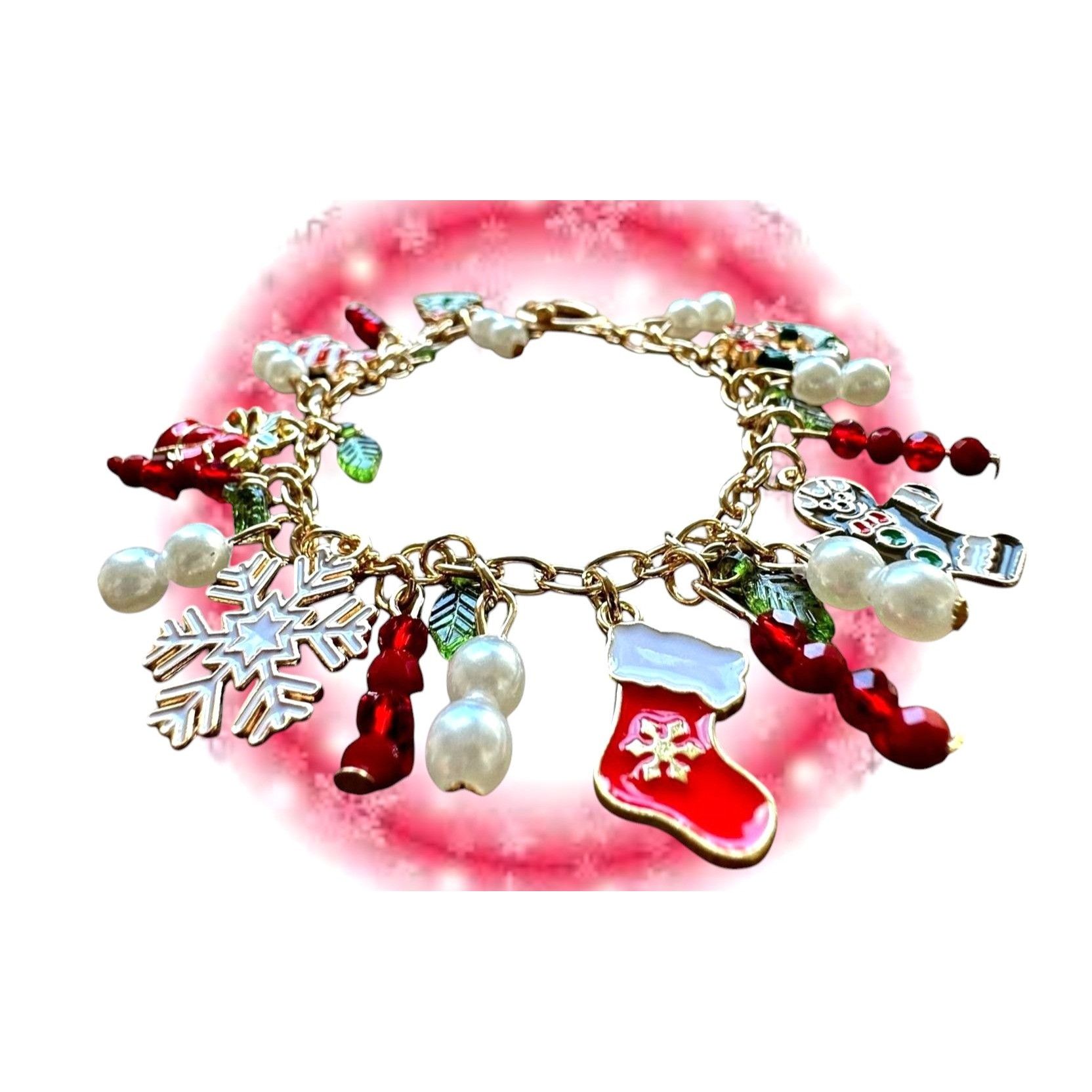 Handmade Christmas Charm Bracelet New Bells Gingerbread Man Stocking Size ONE SIZE - 2 Thumbnail