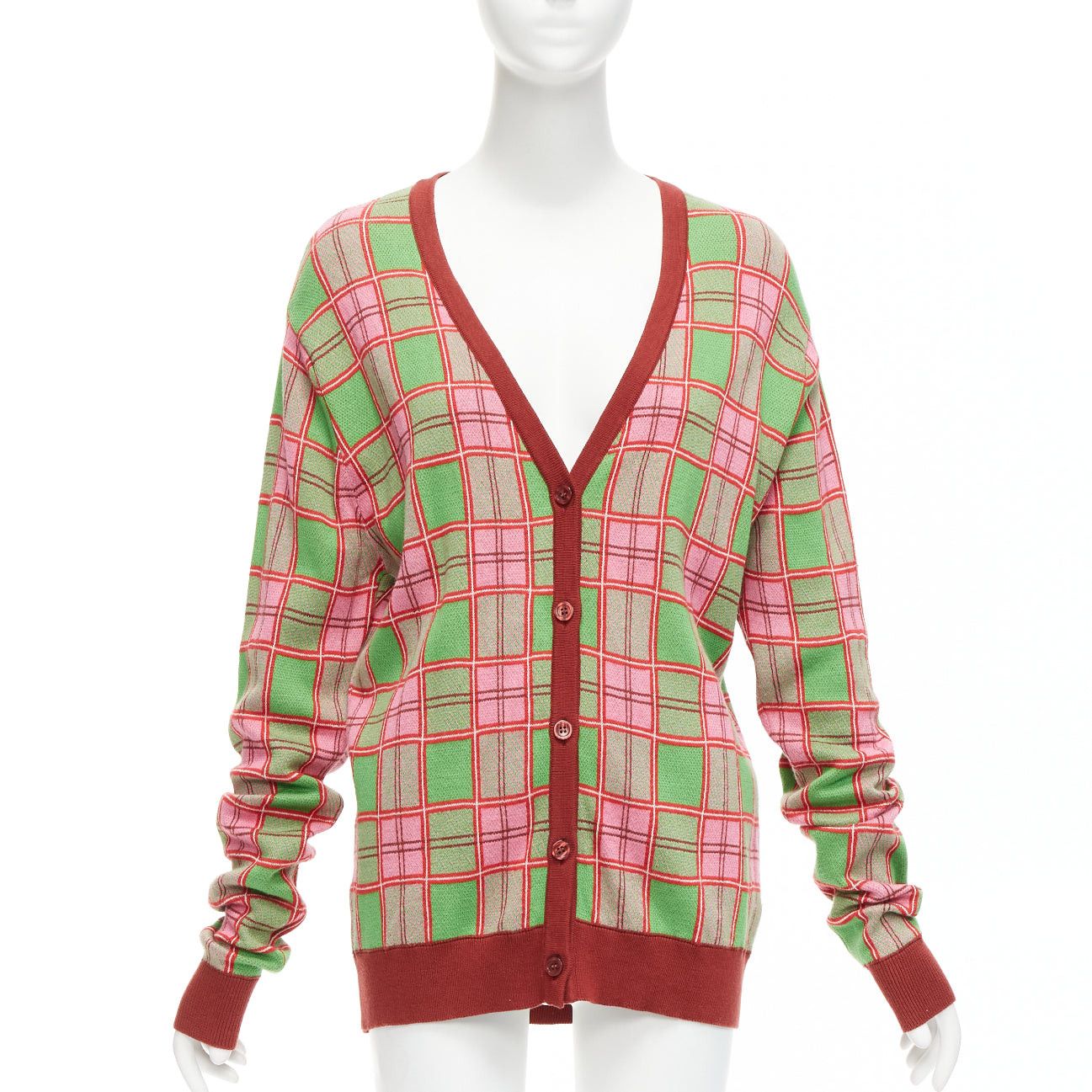 Molly Goddard MOLLY GODDARD Emma green pink combed cotton checked intarsia cardigan L Size M / US 6-8 / IT 42-44 - 1 Thumbnail