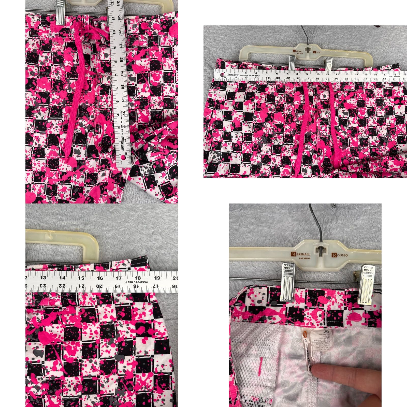 Vintage O'rageous Mens Board Shorts Pink 36 Checkered Black Pink Polyester Camouflage Pockets Drawstring Beach 90s? Size US 36 / EU 52 - 8 Thumbnail