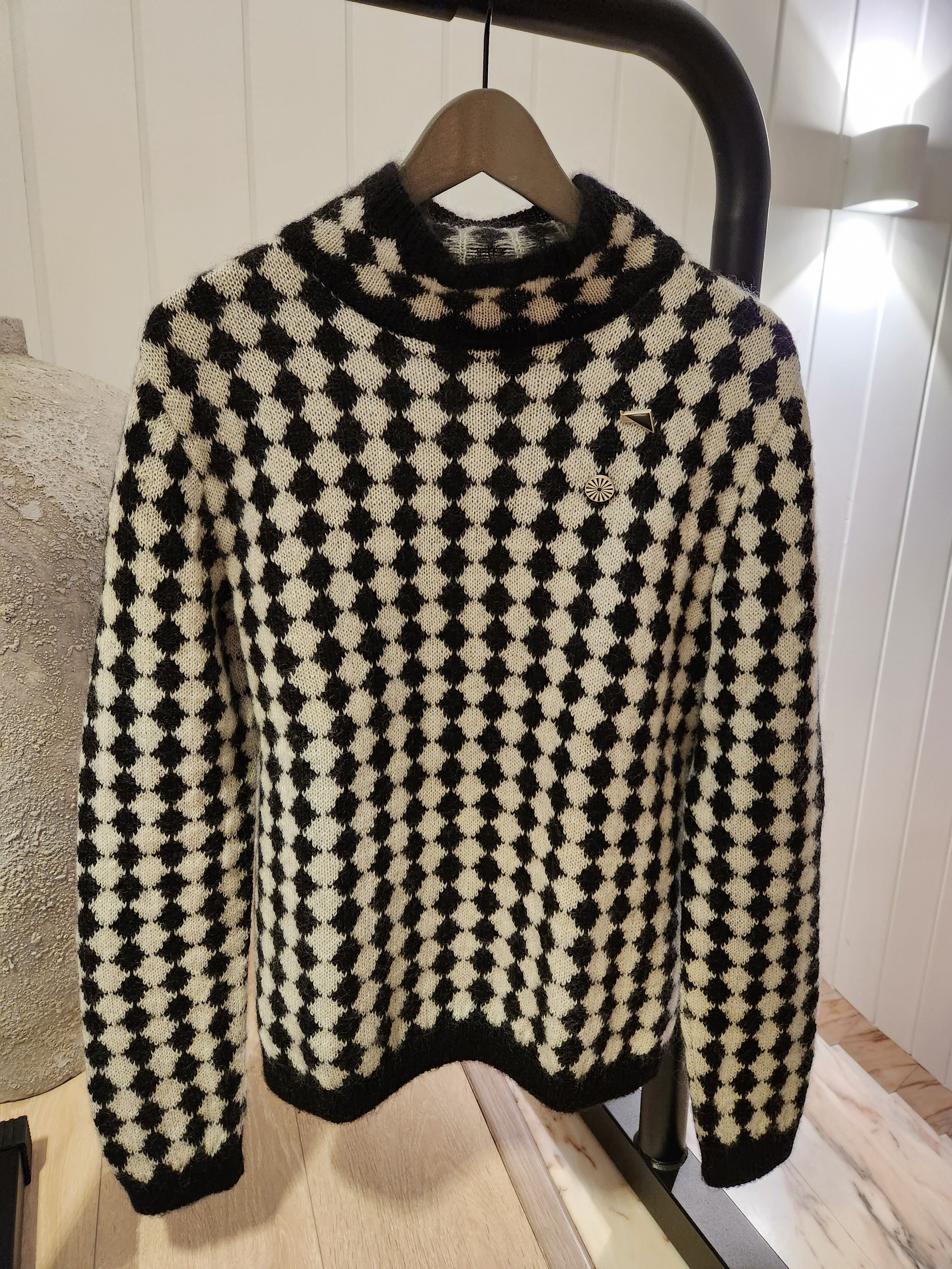 image of Saint Laurent Paris Black And White Diamond Mock Neck Knitwear In Mohair in Black White (Size Mediu