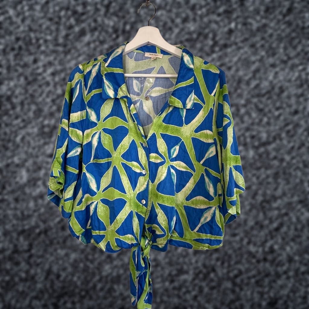Haute Hippie Haute Hippie Womens Blue & Green Leaf Print Tie-Front Button-Up Blouse XL Size XL / US 12-14 / IT 48-50 - 1 Thumbnail