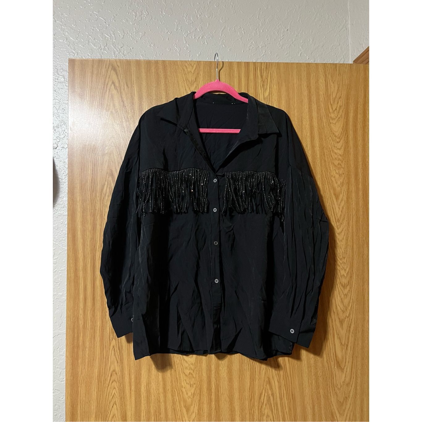 Other Woman’s Black Button Up Top With Rhinestone Fringe Woman’s S Size L / US 10 / IT 46 - 1 Thumbnail