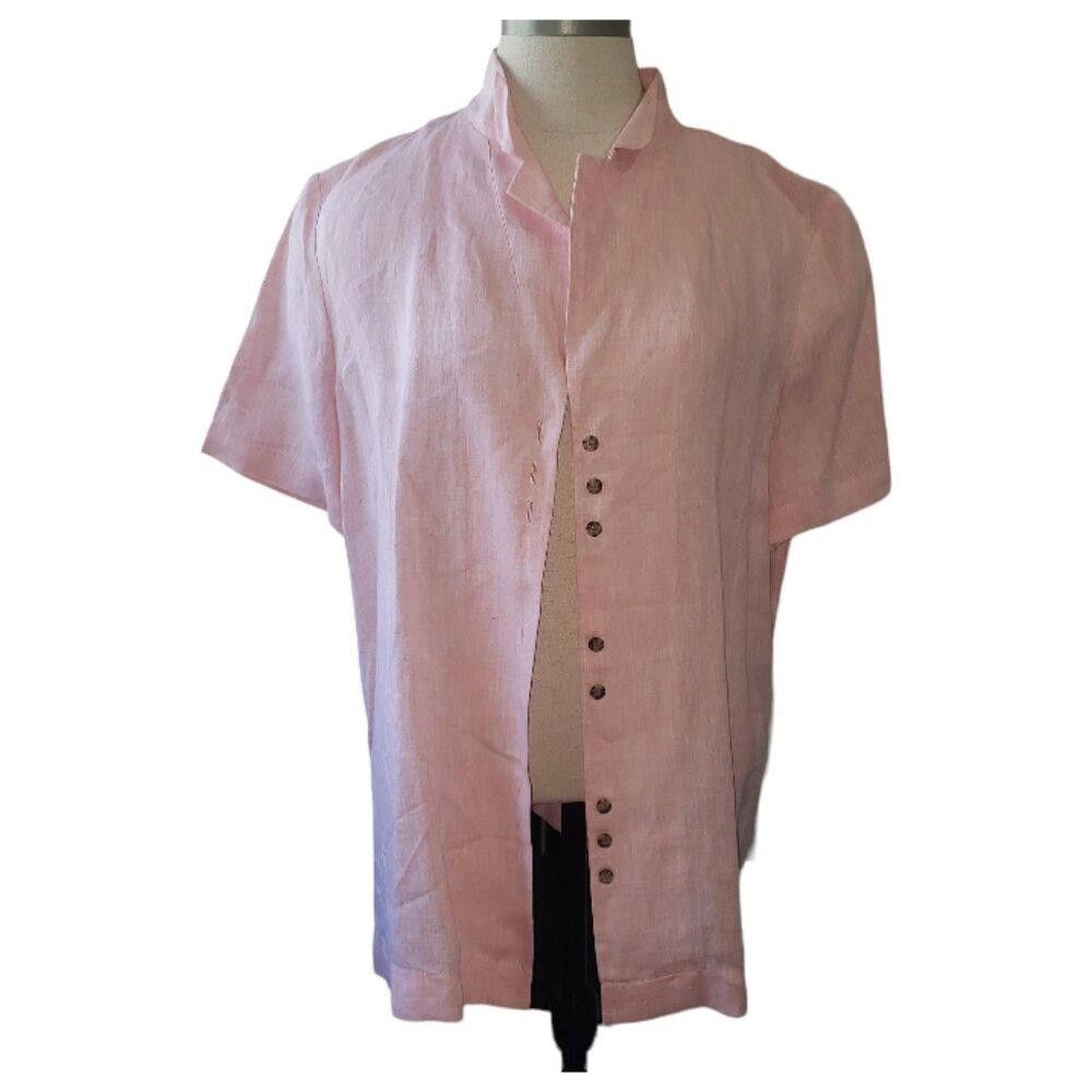 Designer CT1615 Lafayette 148 Peach Linen Button Front Top L Size L / US 10 / IT 46 - 1 Thumbnail