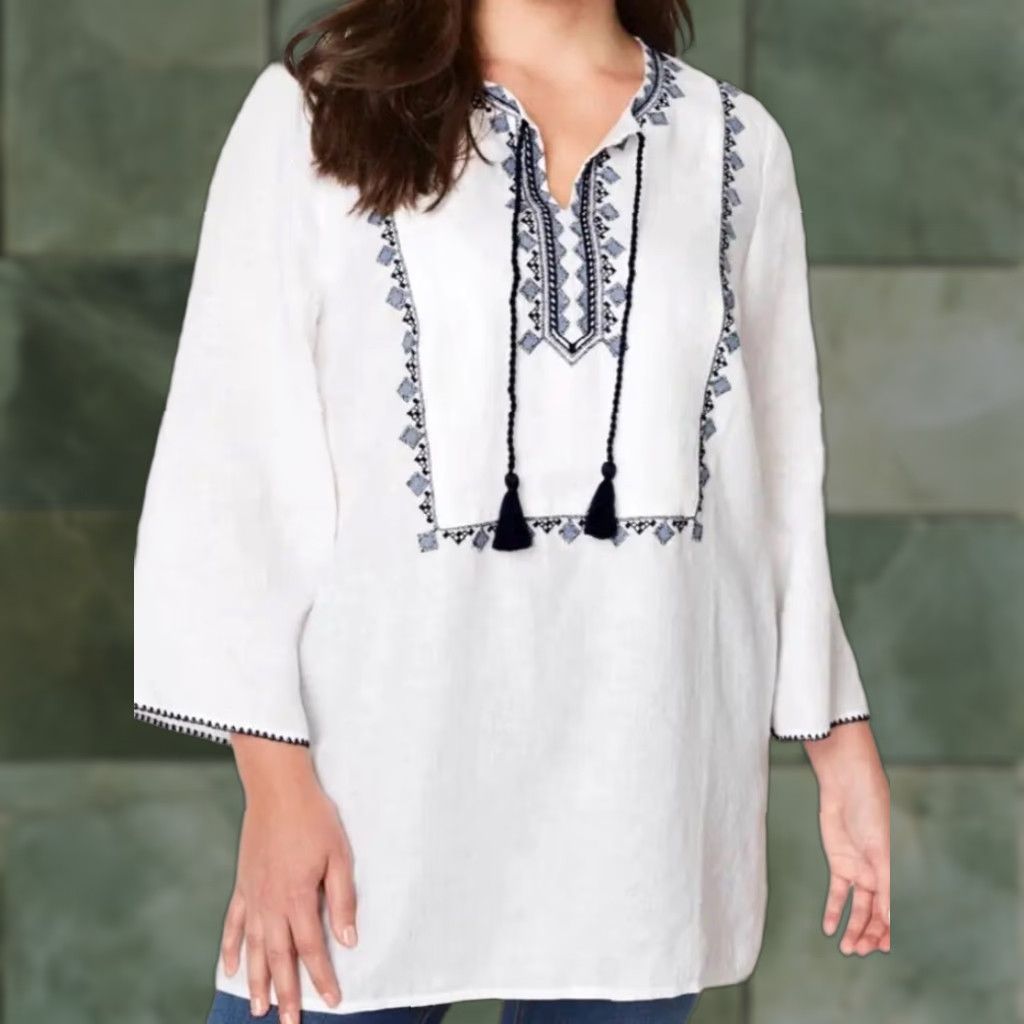 J. Jill J.Jill Linen Embroidered Tunic Sz M White 3/4 Sleeve Split Neckline Womens Tunic Linen Embroidered Tunic All Seasons Medium Dated: None Size M / US 6-8 / IT 42-44 - 1 Thumbnail
