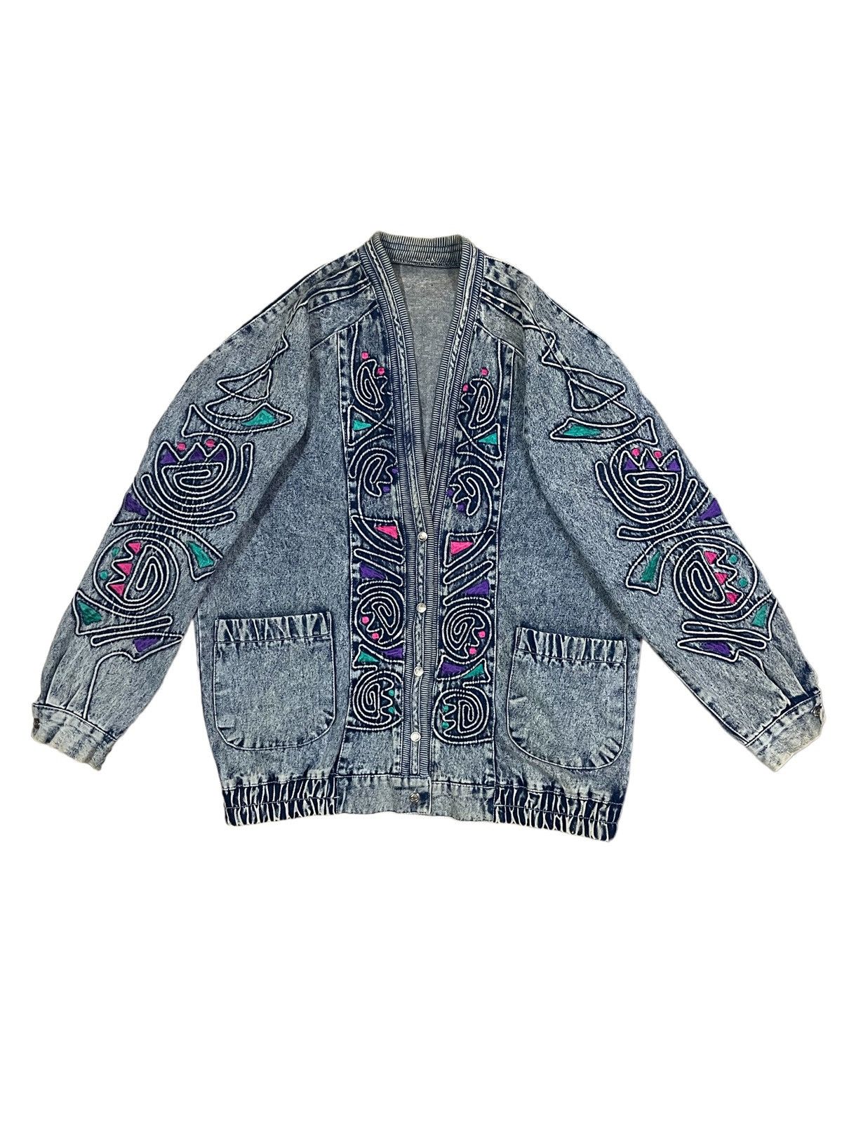Japanese Brand Vintage Memphis Art Retro Neon Abstract Style Denim Cardigan Size L / US 10 / IT 46 - 5 Thumbnail