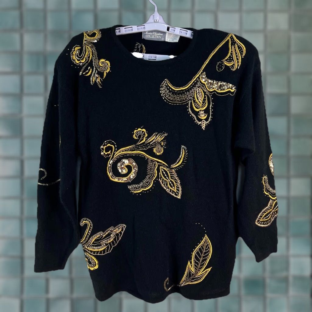 Vintage VINTAGE Marisa Christina Beaded Lamb’s Wool Rabbit Sweater Women’s XL Black Pullover Knit Wool Floral 80s Holiday Must-See Womens Size XL / US 12-14 / IT 48-50 - 1 Thumbnail