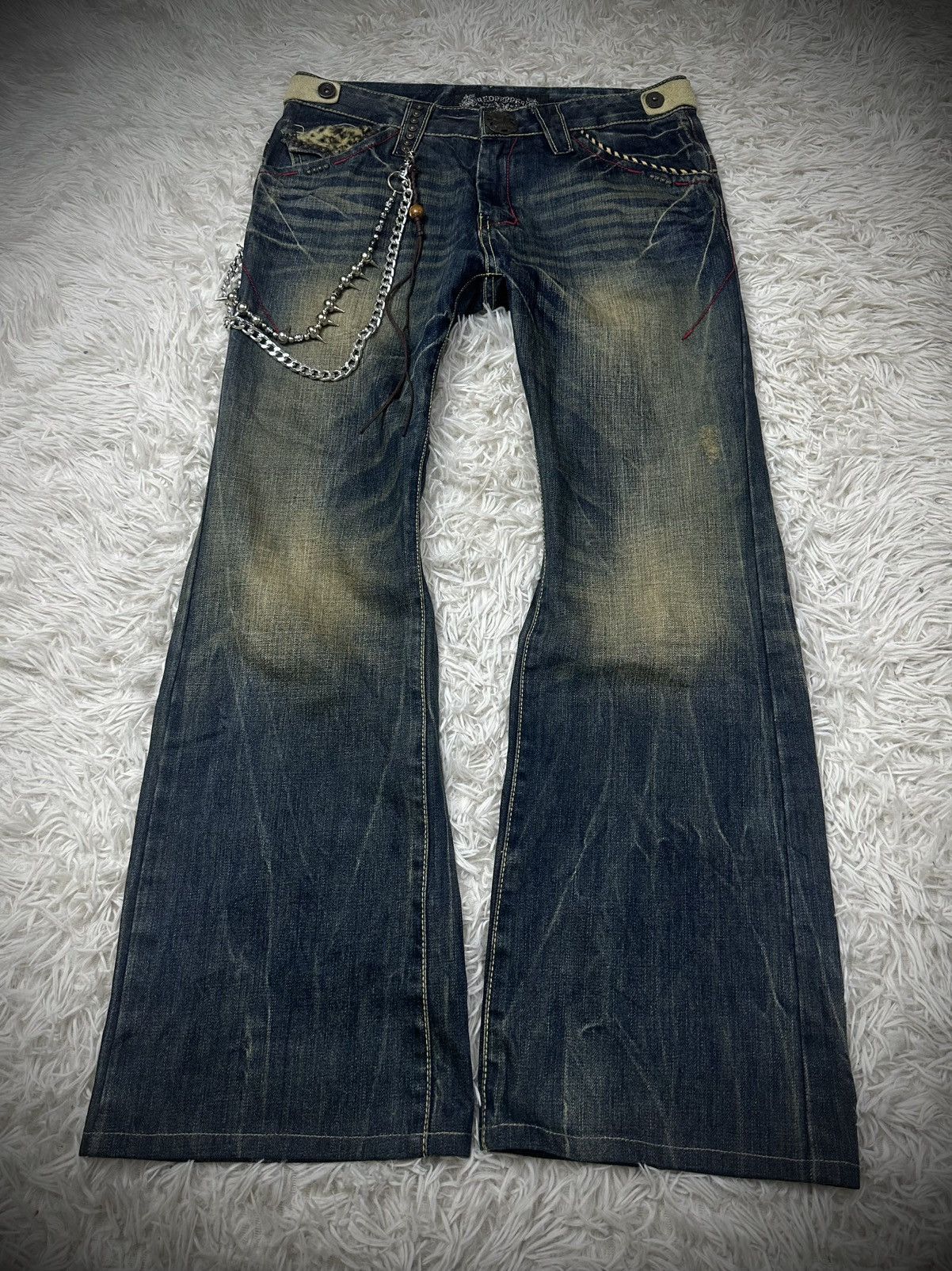 Tornado Mart rare 00s red pepper studded fur leopard bootcut jeans Size US 34 / EU 50 - 1 Thumbnail
