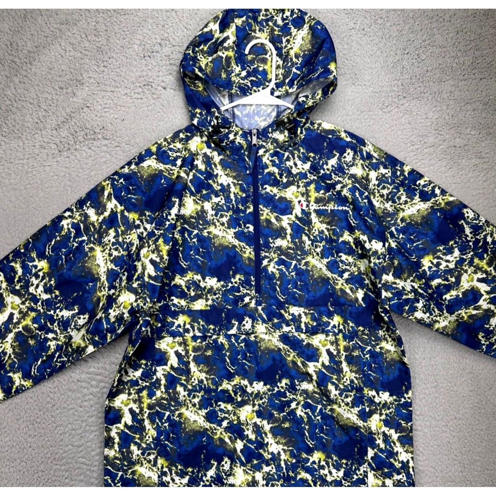 Champion Champion Jacket Mens Large Blue Geometric Windbreaker Hooded 1/2 Zip Lightweight Regular Fit Outer Shell Polyester Size US L / EU 52-54 / 3 - 3 Thumbnail