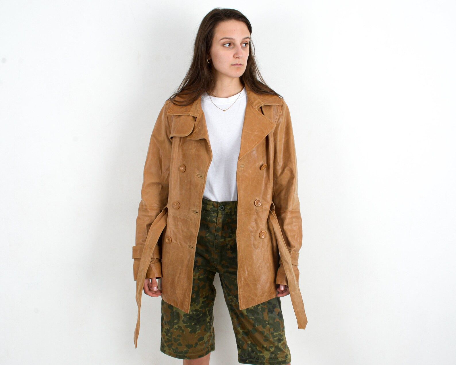 Vintage Reflex Women's Tan M Leather Coat Trench Belted Jacket mac Size M / US 6-8 / IT 42-44 - 4 Thumbnail