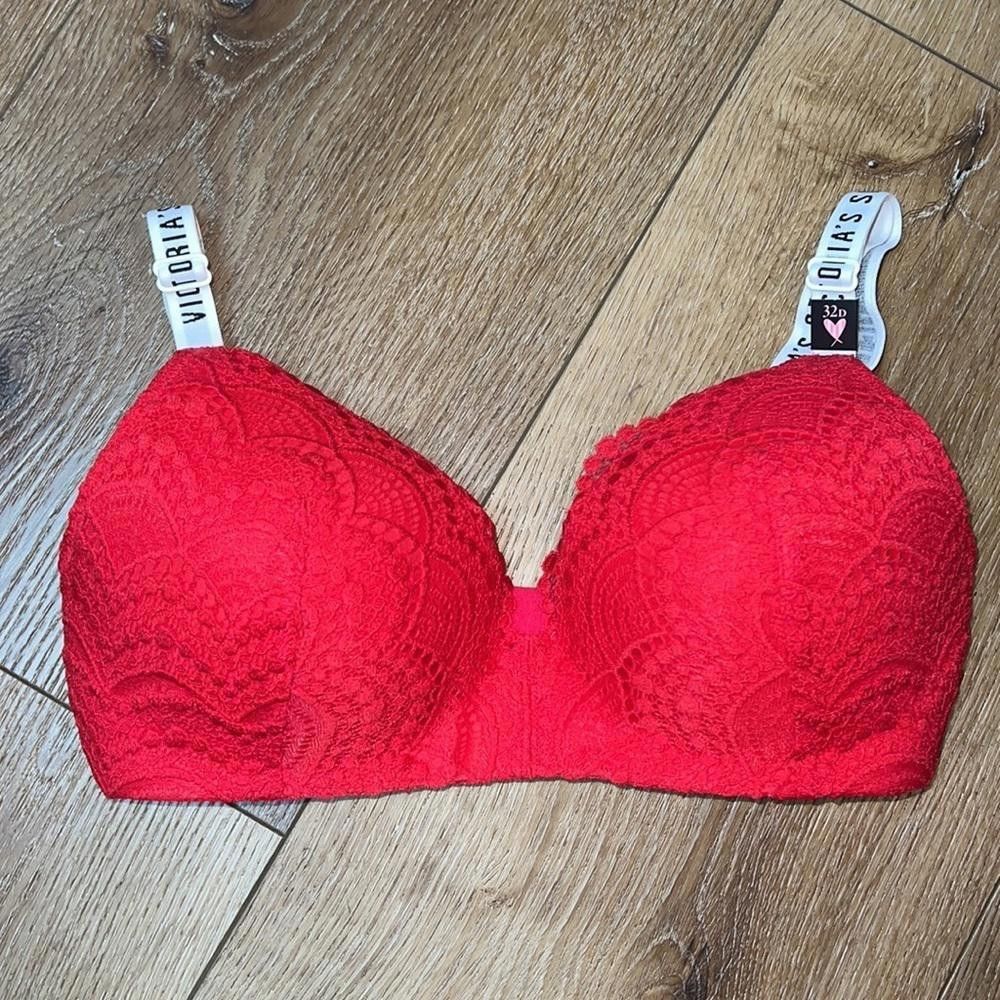 Designer NWOT Victoria’s Secret Red Lace Wireless T-Shirt Bra 32D Size ONE SIZE - 3 Thumbnail