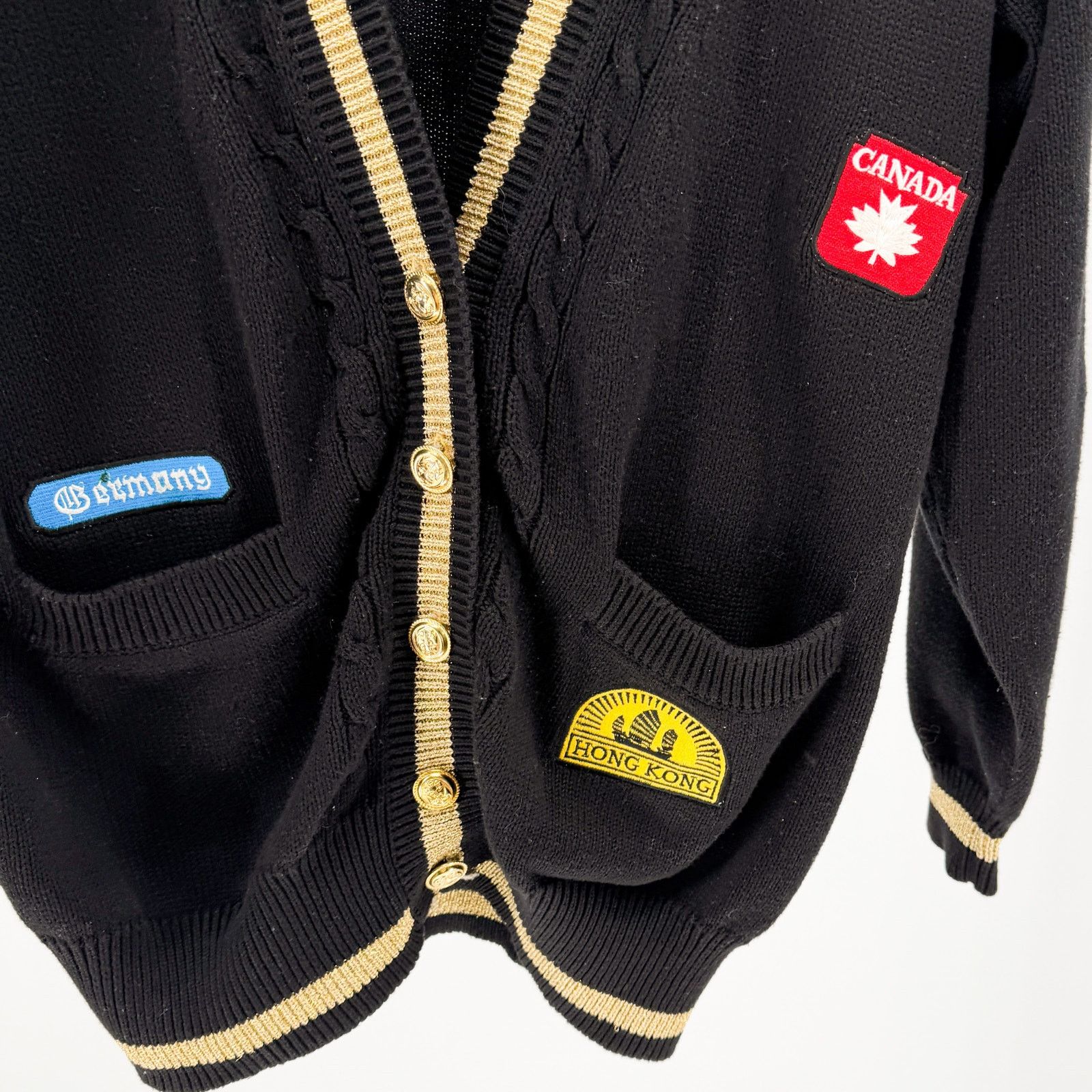 Vintage 80s Kinei Black Knit Travel Patch Varsity Cardigan Sweater Size M / US 6-8 / IT 42-44 - 2 Thumbnail