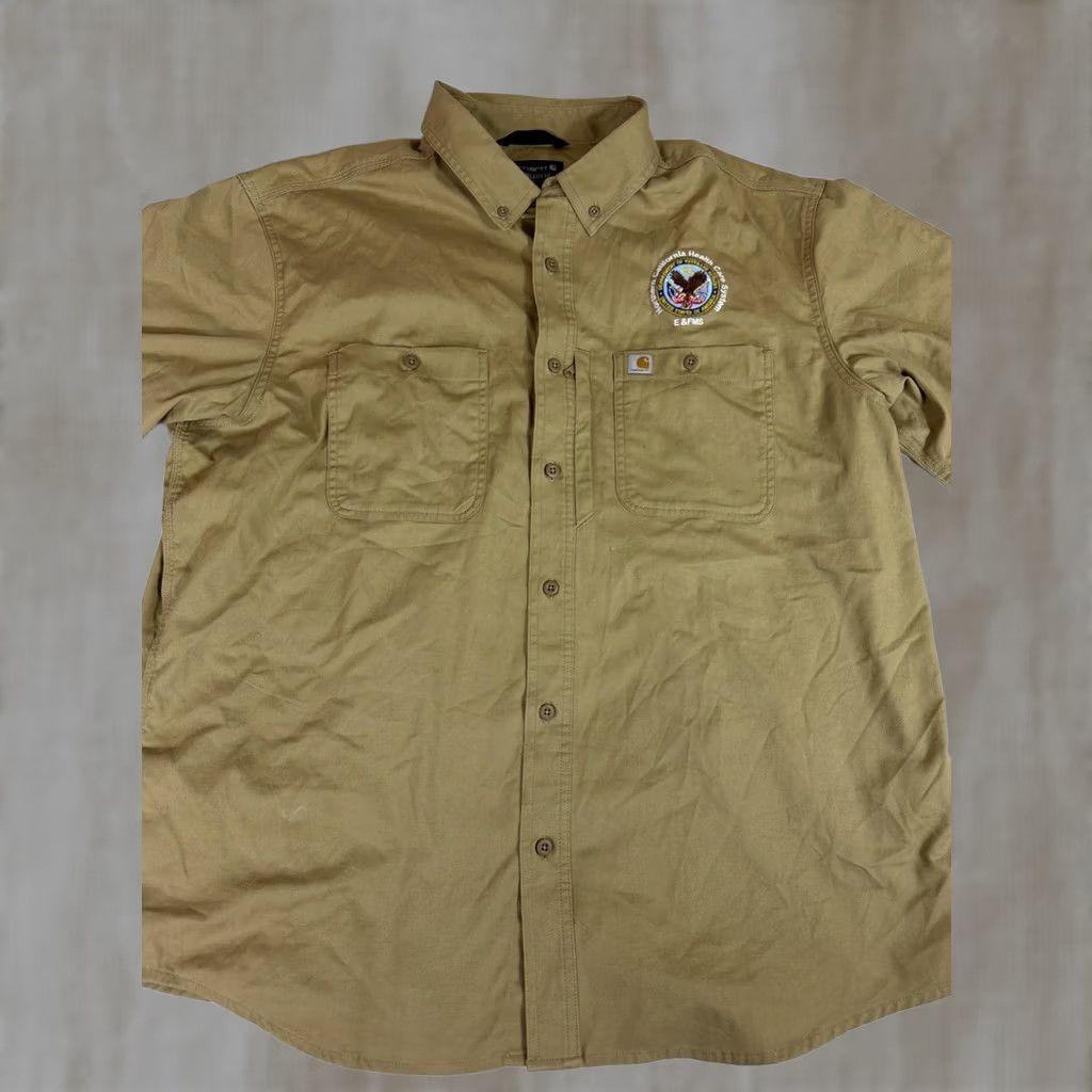 Carhartt Carhartt Shirt Mens XXL Beige Button-Up Embroidered Rugged 106688 Short Sleeve Solid Canvas Pocket Zipper Breathing Easy Care Size US XXL / EU 58 / 5 - 1 Thumbnail