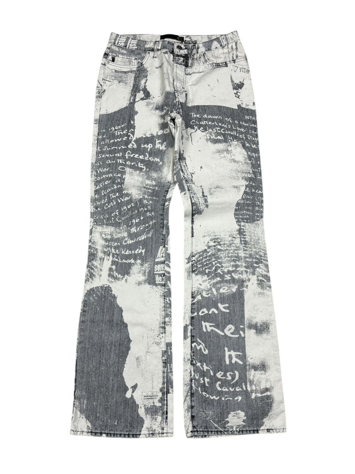 Just Cavalli 2000s Just Cavalli Newspaper Print Flared Denim Jeans Size US 35 - 1 Thumbnail