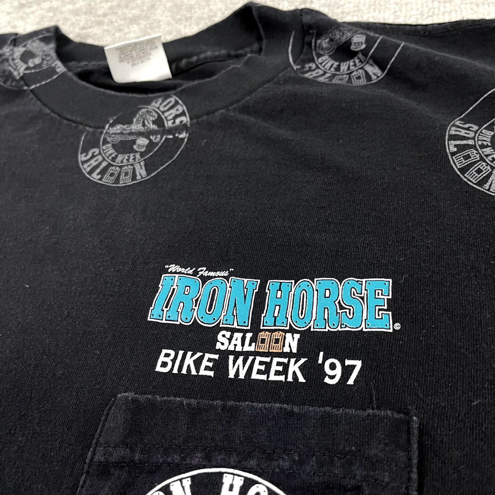 Gloverall VINTAGE IRON HORSE SALOON Shirt Mens XL AOP All Over Graphic Tee Bike Week 1997 Mens XL Black Cotton 90s Biker Retro Size US XL / EU 56 / 4 - 5 Thumbnail