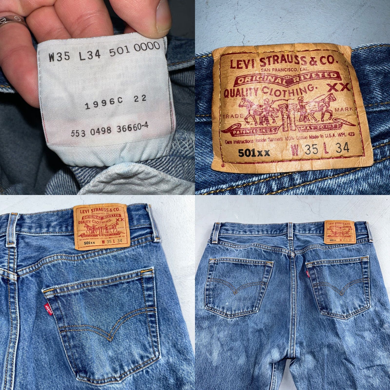 Levi's VINTAGE Levi's 501 Jeans | 35x34 | Light Blue Cotton Denim | USA 90s Straight Leg Mens Jeans Size US 35 - 9 Thumbnail