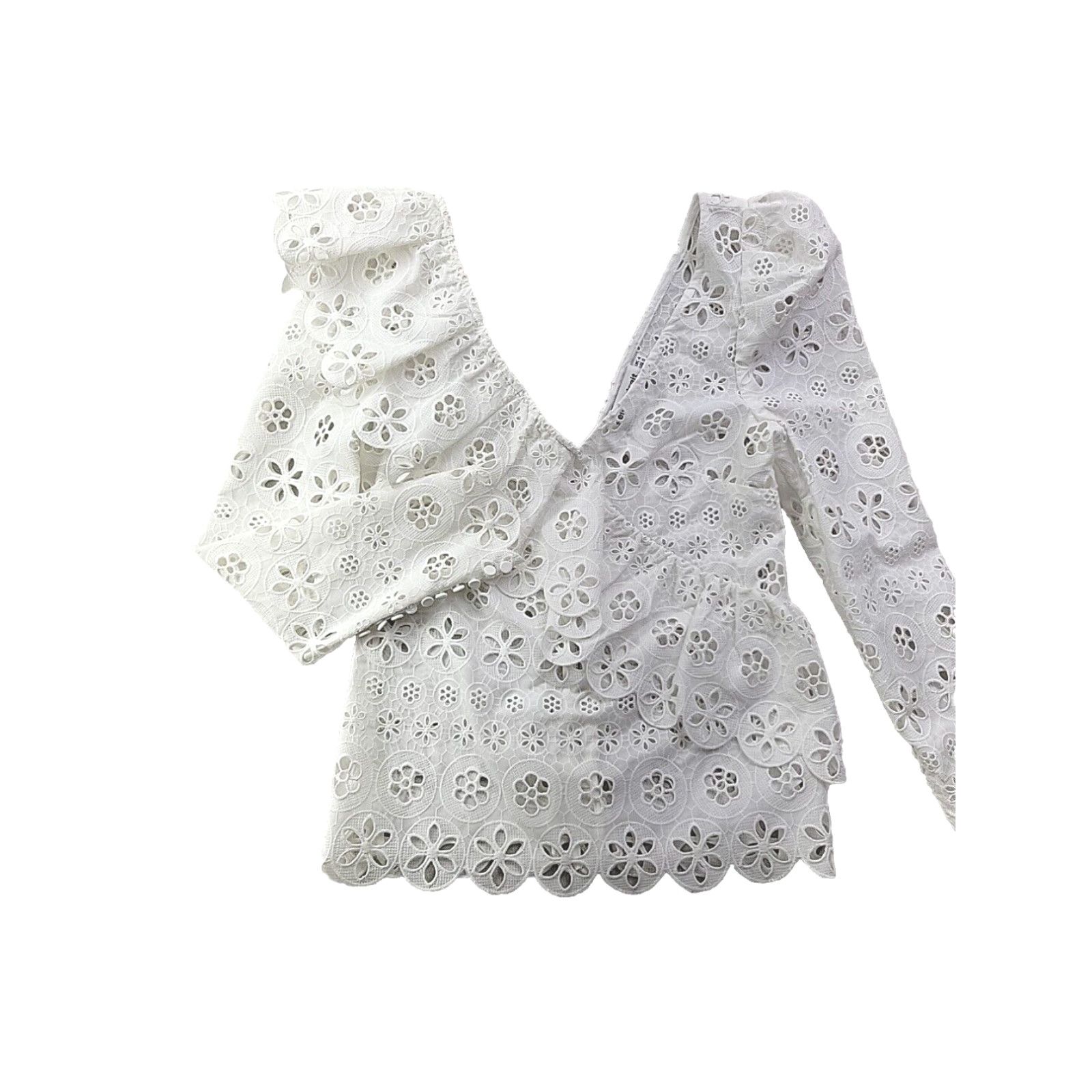 image of New Self Portrait Frilled White Floral Voile Blouse Broderie Lace Long Sleeve 0, Women's (Size XS)