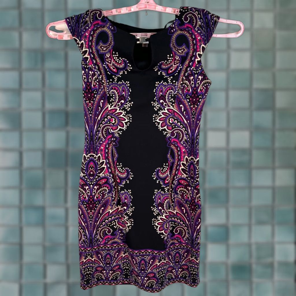 Vintage VINTAGE New York & Company Sheath Dress Womens Size 8 Purple Black Paisley Poly Spandex Size M / US 6-8 / IT 42-44 - 1 Thumbnail