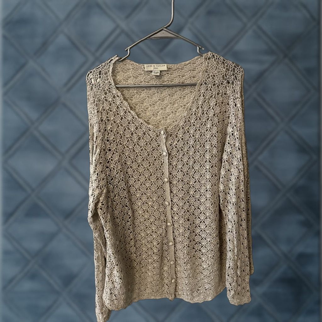 Lord & Taylor VINTAGE LORD & TAYLOR Cardigan Knit Open-Lace Linen Rayon Beige 2X Women Sweater Casual Knit Style Cardigan Mens? Size XXL / US 16-18 / IT 52-54 - 1 Thumbnail