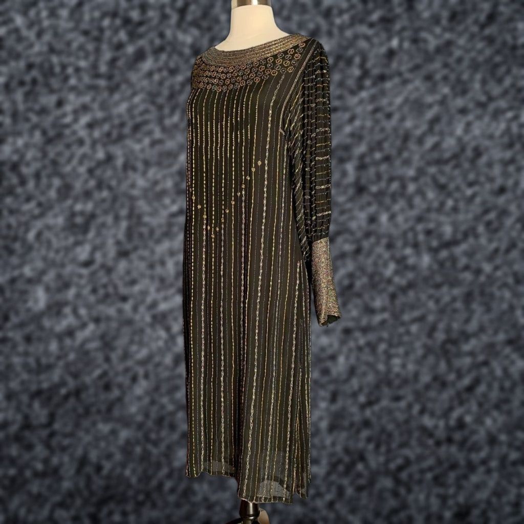 VINTAGE Sistermax Beaded Striped Silk Shift Dress Midi Deco S