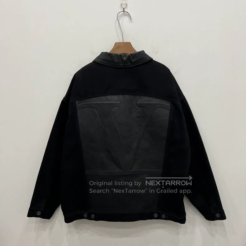 Valentino Black leather-collared denim jacket jacket