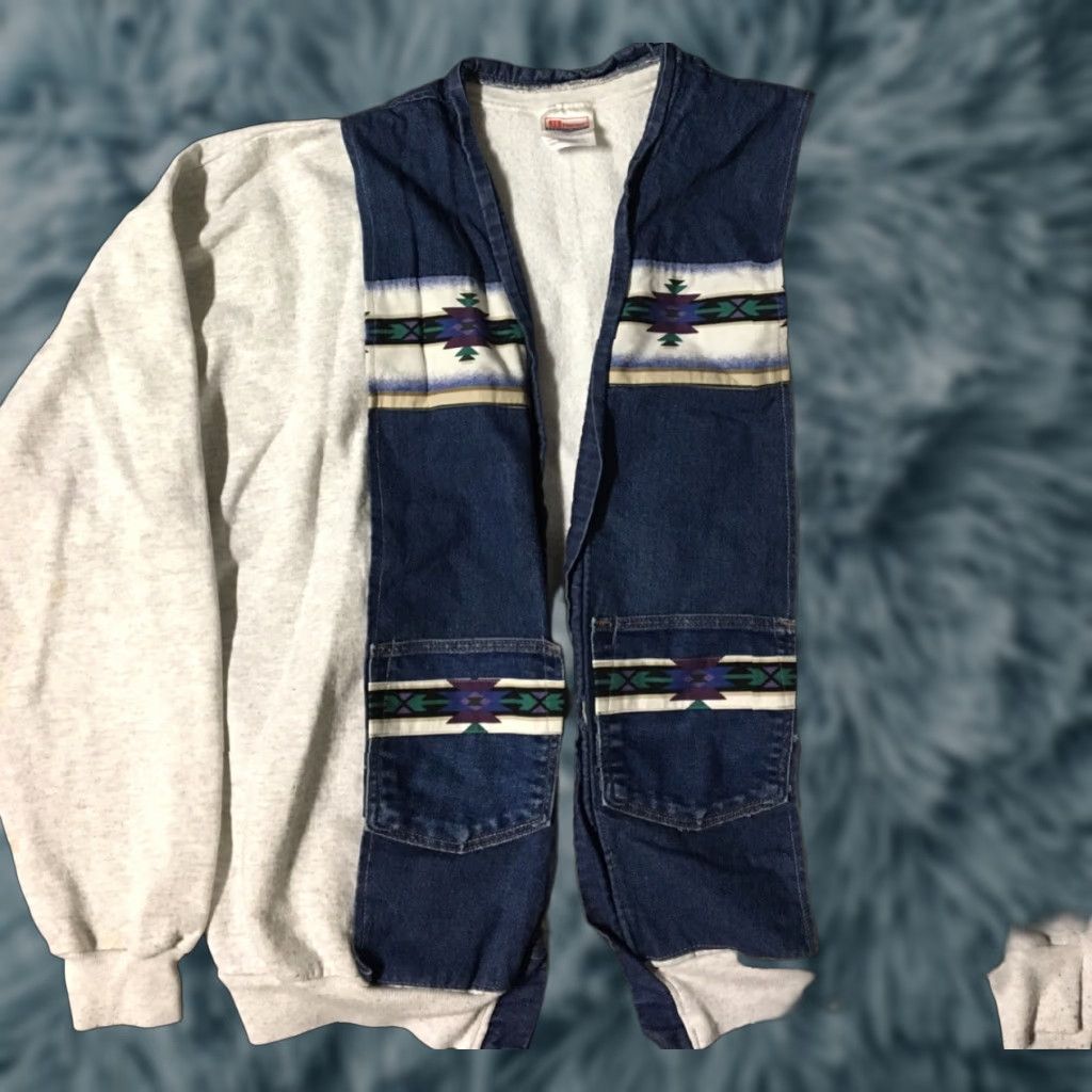 Hanes Vtg 90s Hanes Denim Aztec Open Front Cardigan Sweatshirt 2XL Gray Men Shirt Size US XXL / EU 58 / 5 - 1 Thumbnail